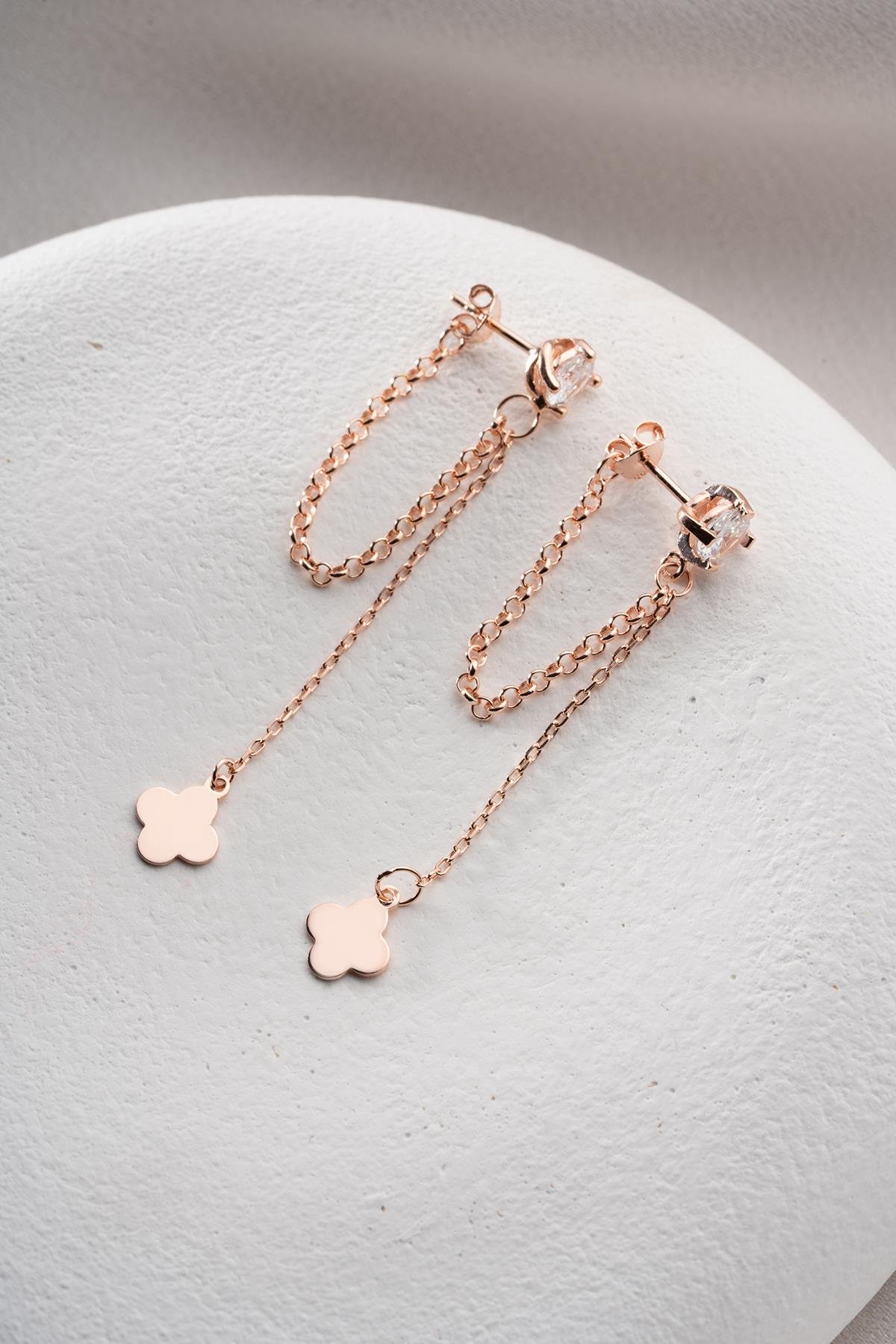 925 Ayar Gümüş Rose Kaplama 5 Mm Tektaş Sallantılı Zincir Sade Yonca Model Küpe