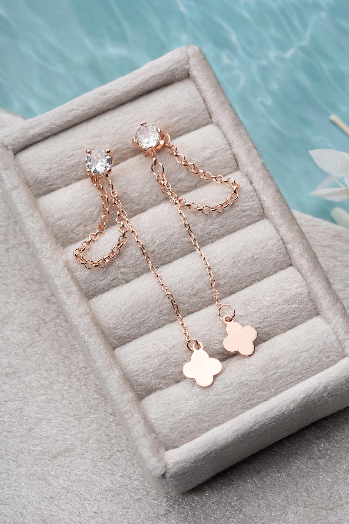 925 Ayar Gümüş Rose Kaplama 5 Mm Tektaş Sallantılı Zincir Sade Yonca Model Küpe