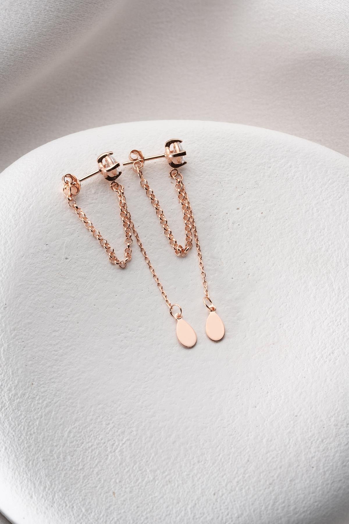 925 Ayar Gümüş Rose Kaplama 5 Mm Tektaş Sallantılı Zincir Sade Damla Model Küpe