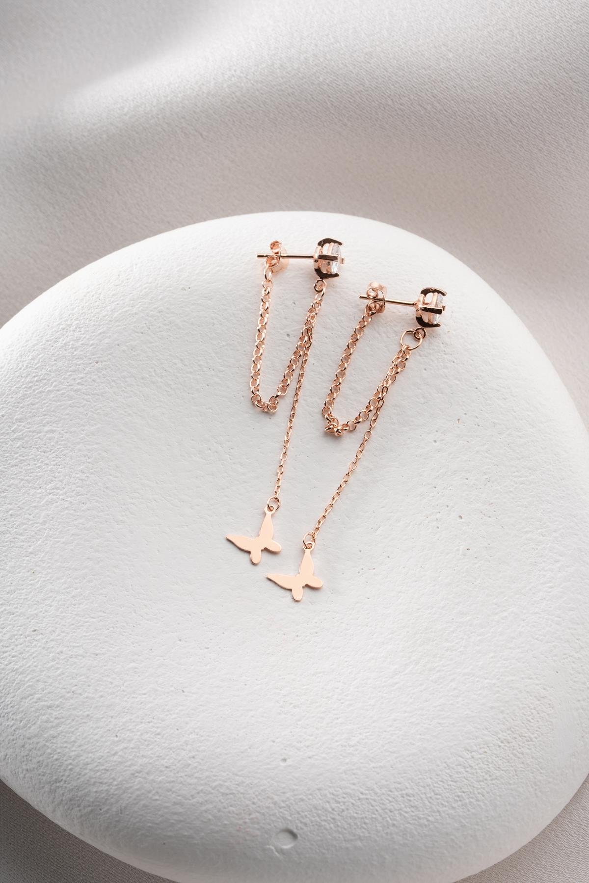 925 Ayar Gümüş Rose Kaplama 5 Mm Tektaş Sallantılı Zincir Zirkon Taşsız Kelebek Küpe