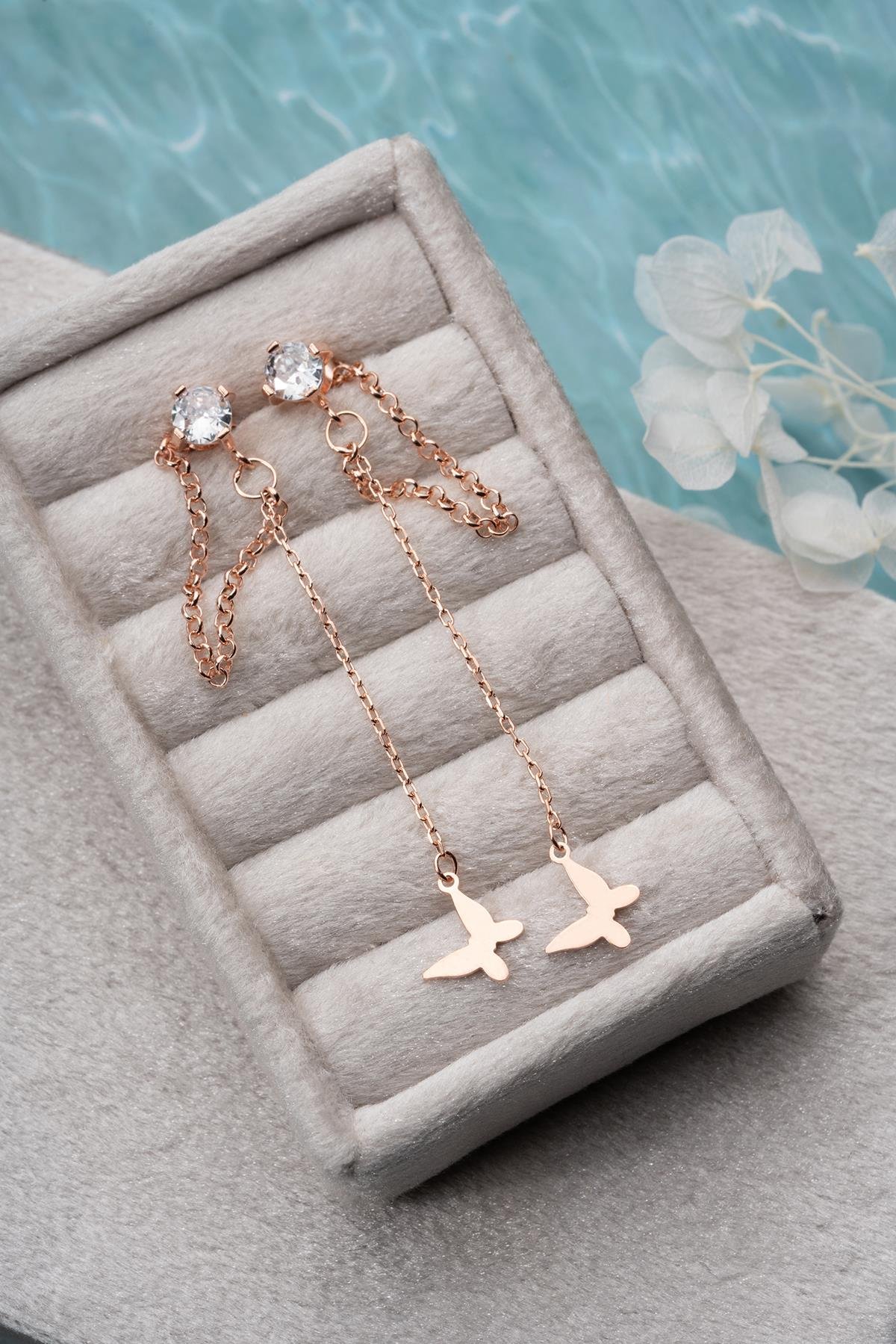 925 Ayar Gümüş Rose Kaplama 5 Mm Tektaş Sallantılı Zincir Zirkon Taşsız Kelebek Küpe