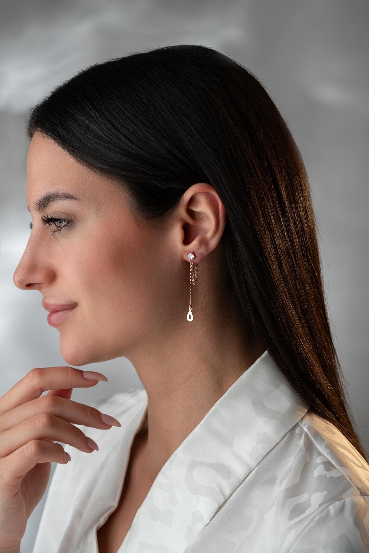 925 Ayar Gümüş Rose Kaplama 5 Mm Tektaş Sallantılı Zincir Su Damlası Model Küpe