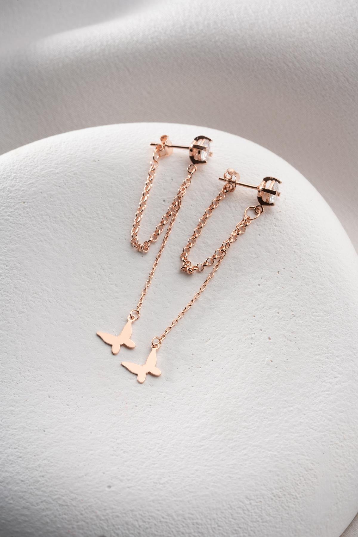 925 Ayar Gümüş Rose Kaplama 5 Mm Tektaş Sallantılı Zincir Zirkon Taşsız Kelebek Küpe