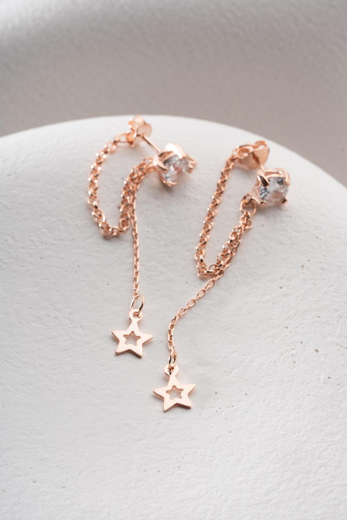 925 Ayar Gümüş Rose Kaplama 5 Mm Tektaş Sallantılı Zincir İçi Boş Yıldız Küpe