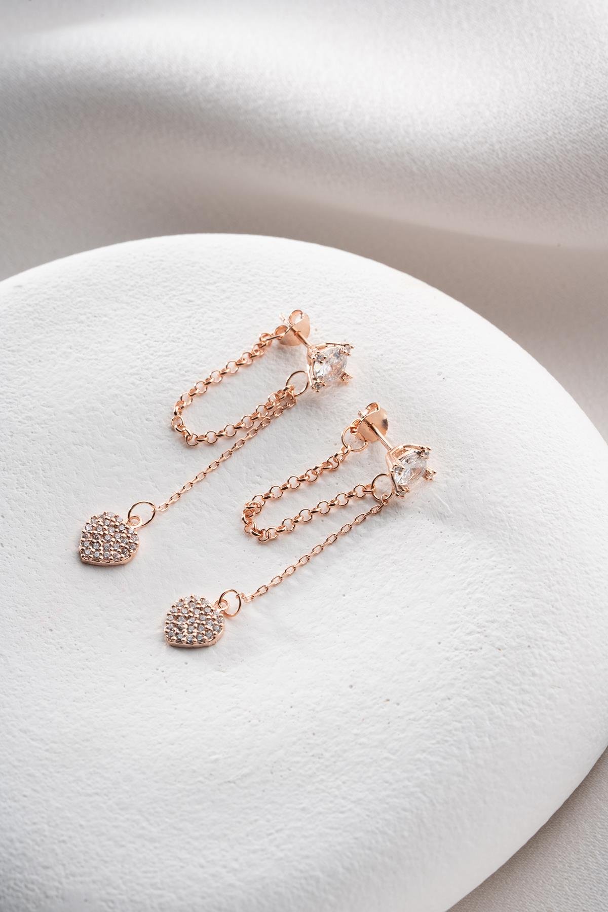 925 Ayar Gümüş Rose Kaplama 5 Mm Tektaş Sallantılı Zincir Kalp Model Küpe