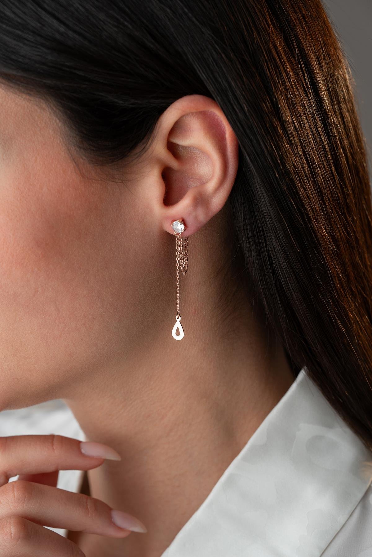 925 Ayar Gümüş Rose Kaplama 5 Mm Tektaş Sallantılı Zincir Su Damlası Model Küpe