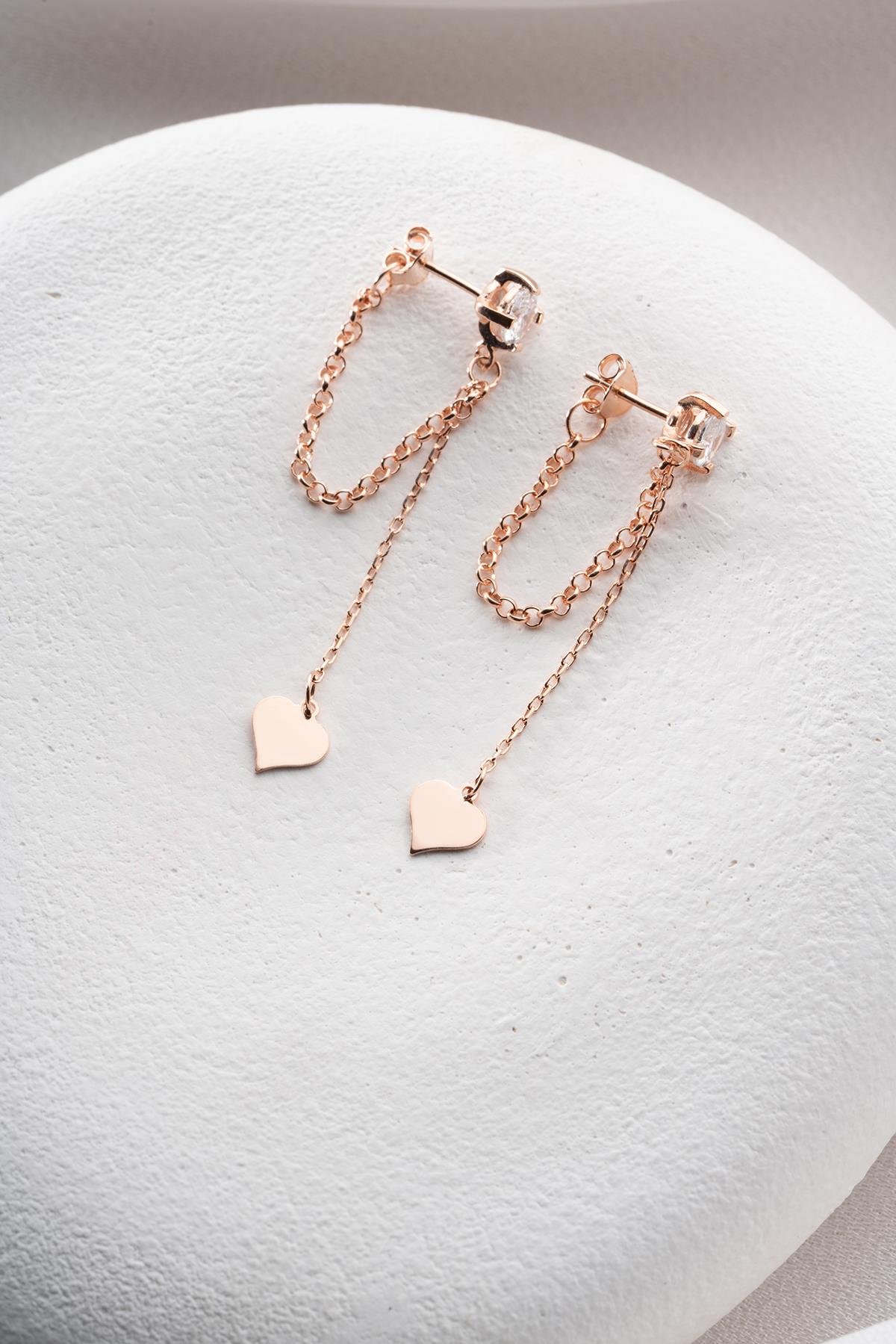 925 Ayar Gümüş Rose Kaplama 5 Mm Tektaş Sallantılı Zincir Sade Kalp Model Küpe