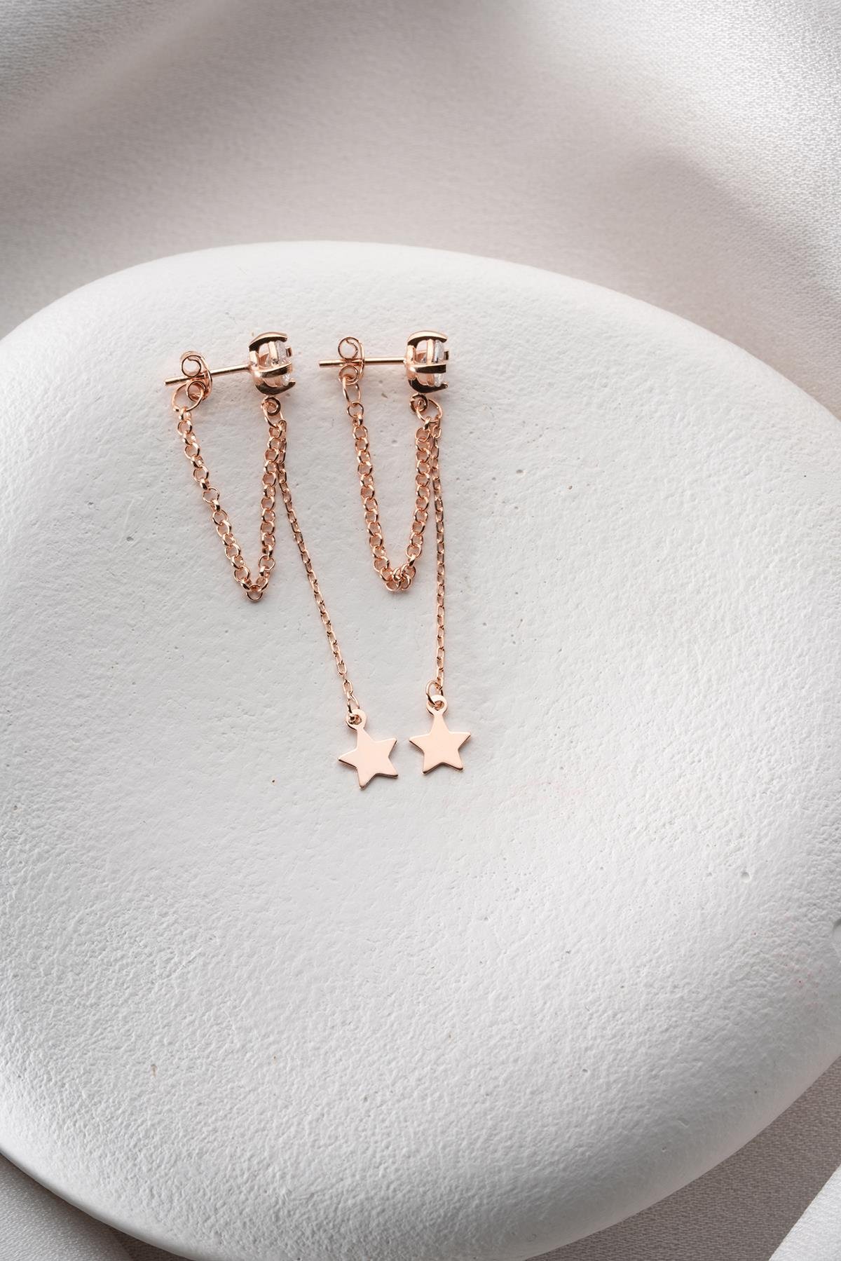 925 Ayar Gümüş Rose Kaplama 5 Mm Tektaş Sallantılı Zincir Sade Yıldız Model Küpe