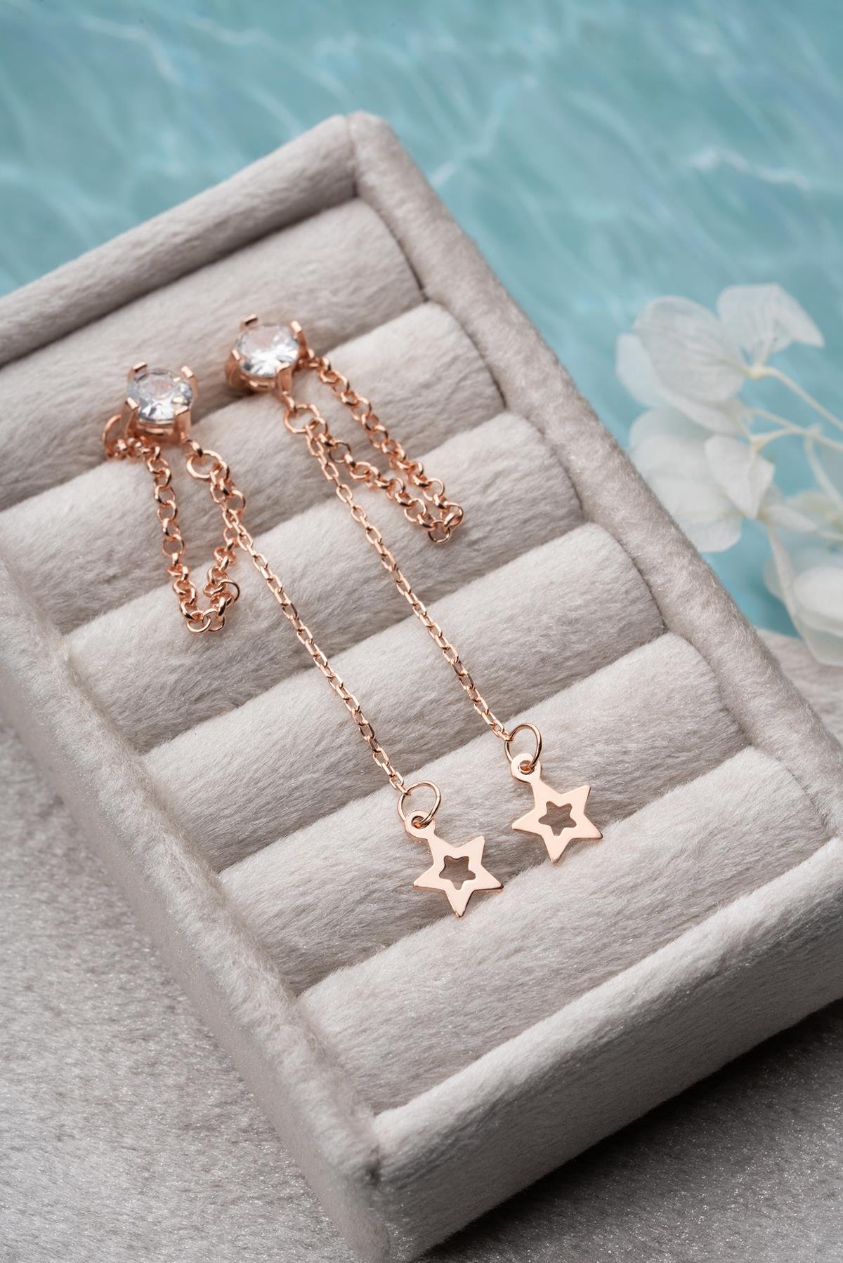 925 Ayar Gümüş Rose Kaplama 5 Mm Tektaş Sallantılı Zincir İçi Boş Yıldız Küpe