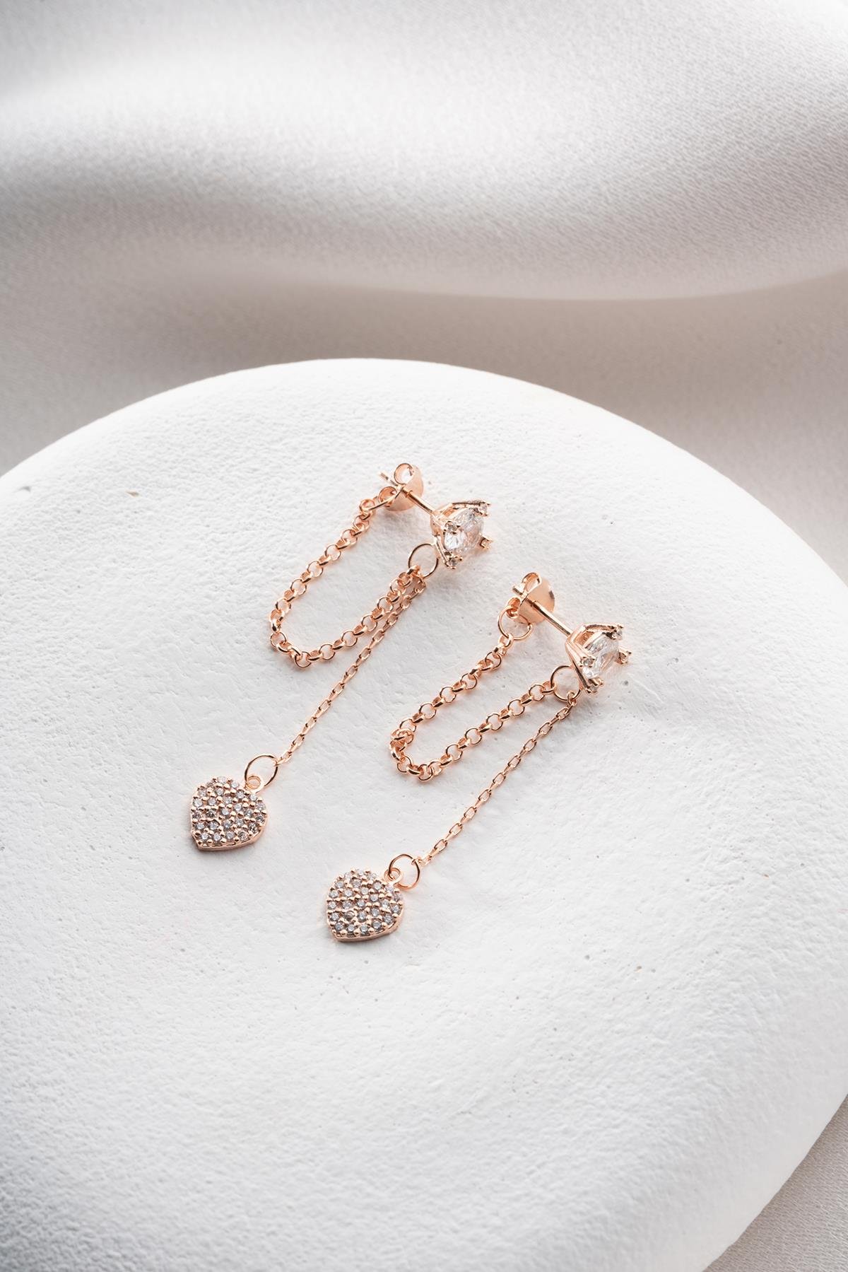 925 Ayar Gümüş Rose Kaplama 5 Mm Tektaş Sallantılı Zincir Kalp Model Küpe