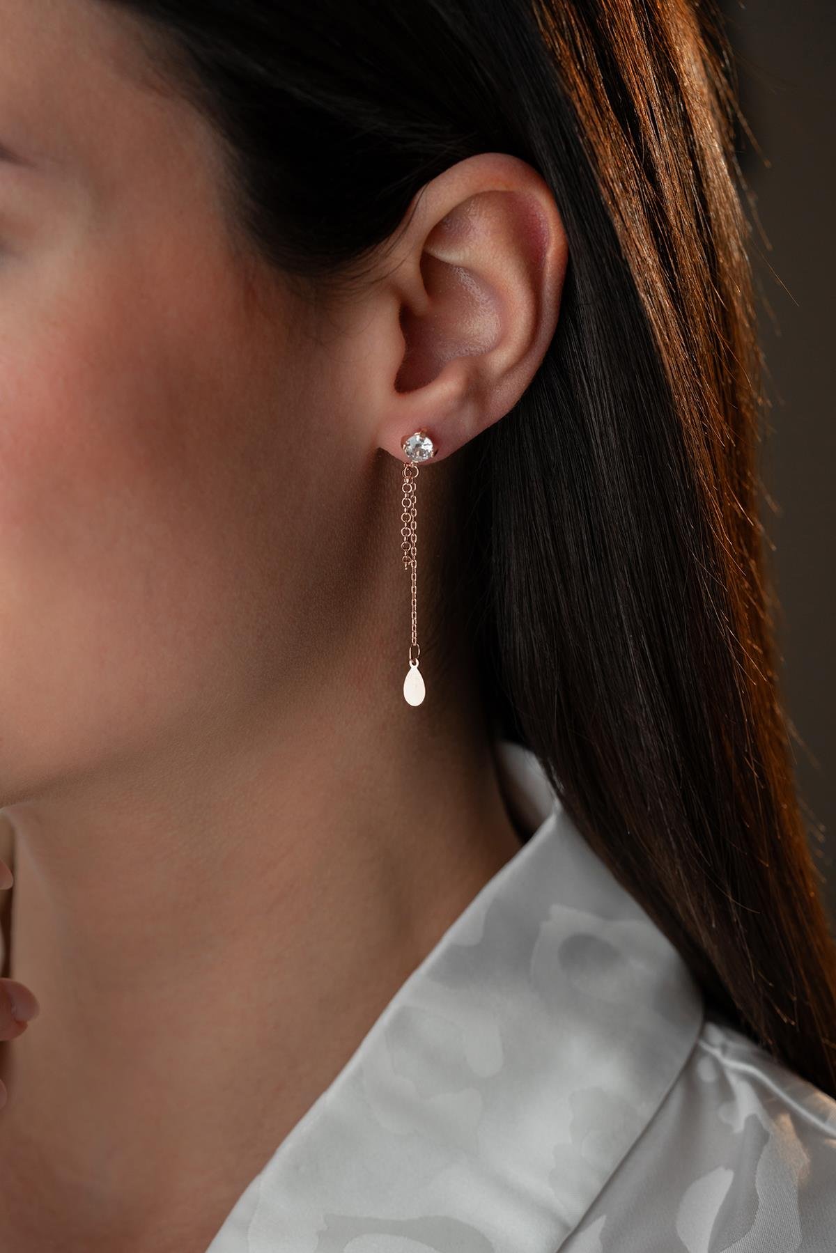 925 Ayar Gümüş Rose Kaplama 5 Mm Tektaş Sallantılı Zincir Sade Damla Model Küpe