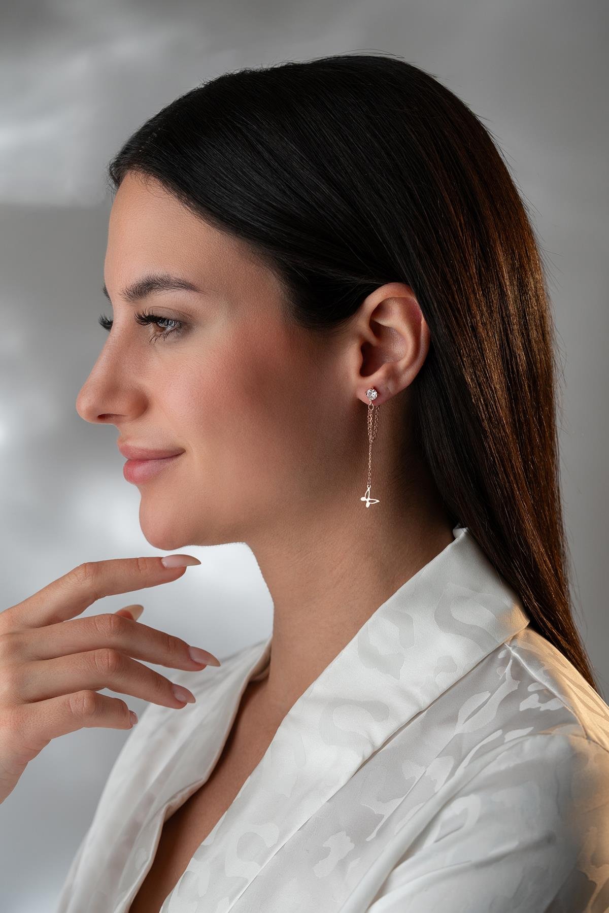 925 Ayar Gümüş Rose Kaplama 5 Mm Tektaş Sallantılı Zincir Sade Kelebek Küpe