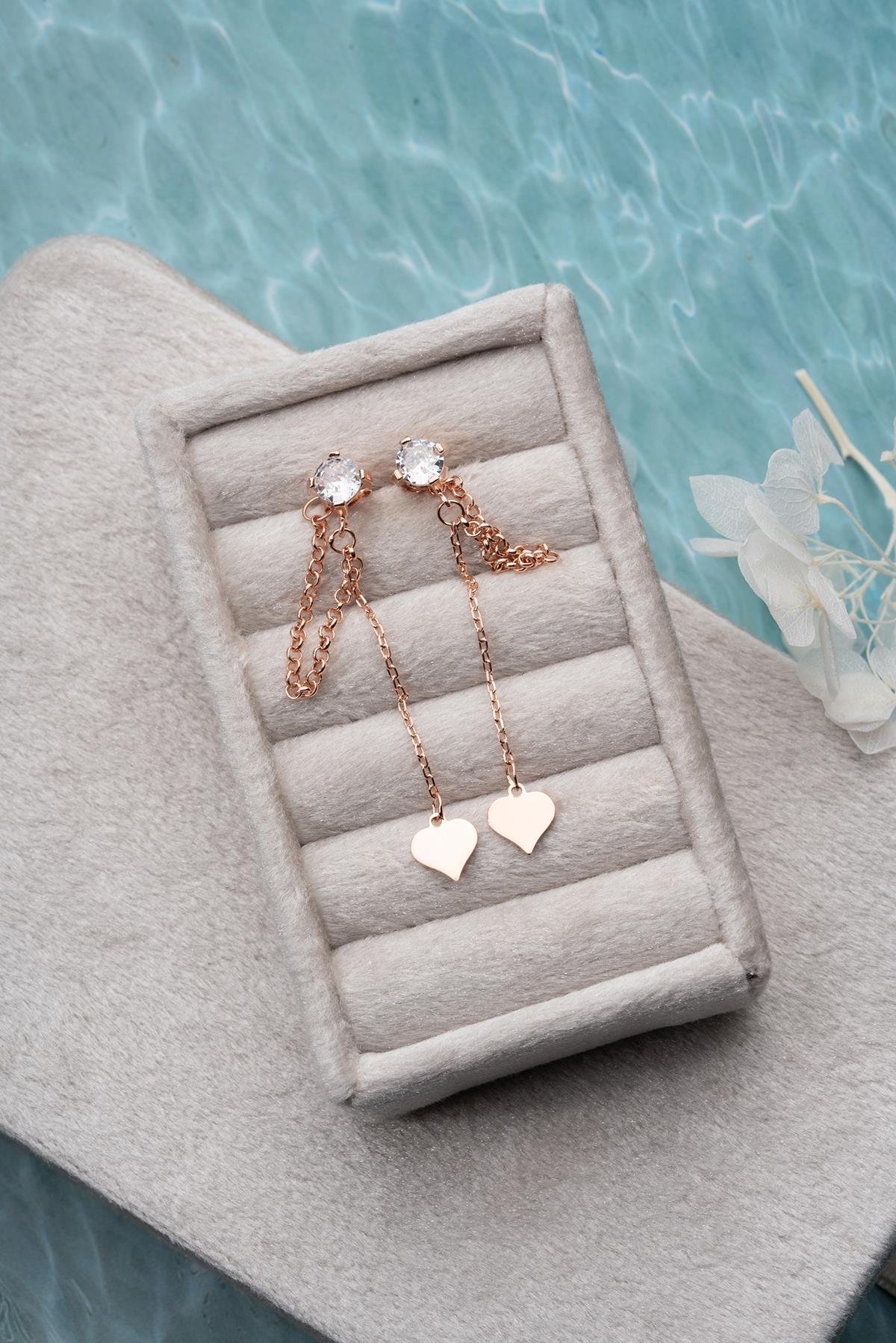 925 Ayar Gümüş Rose Kaplama 5 Mm Tektaş Sallantılı Zincir Sade Kalp Model Küpe