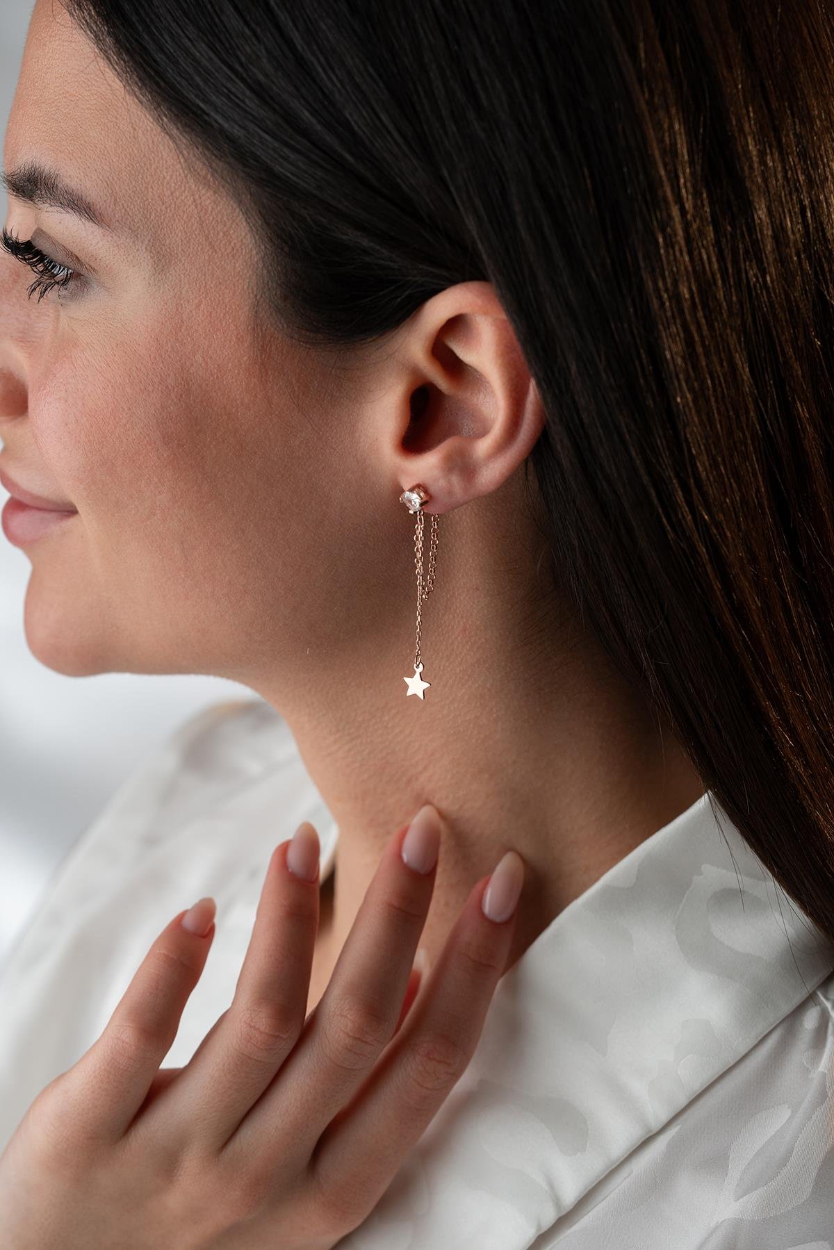 925 Ayar Gümüş Rose Kaplama 5 Mm Tektaş Sallantılı Zincir Sade Yıldız Model Küpe