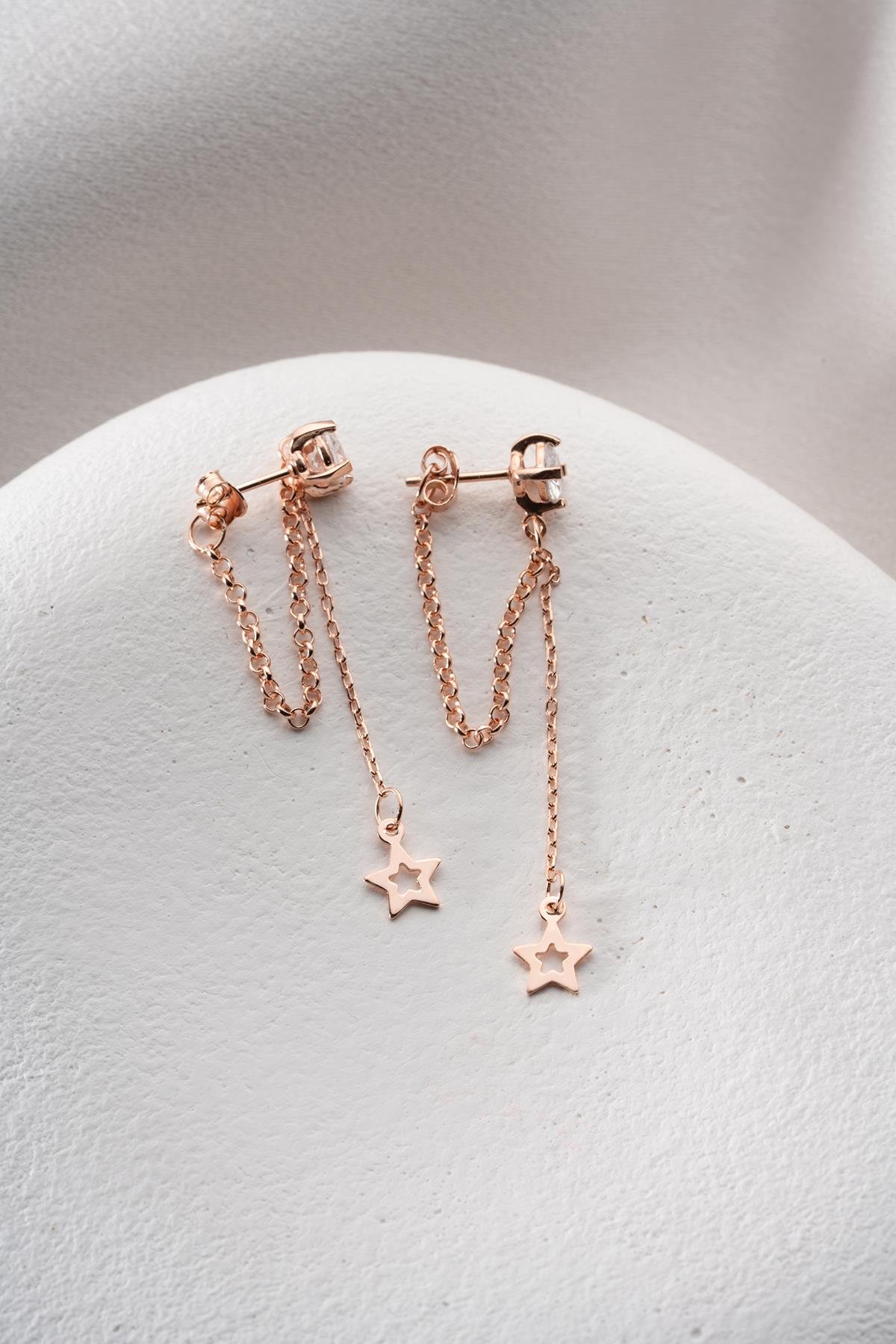 925 Ayar Gümüş Rose Kaplama 5 Mm Tektaş Sallantılı Zincir İçi Boş Yıldız Küpe