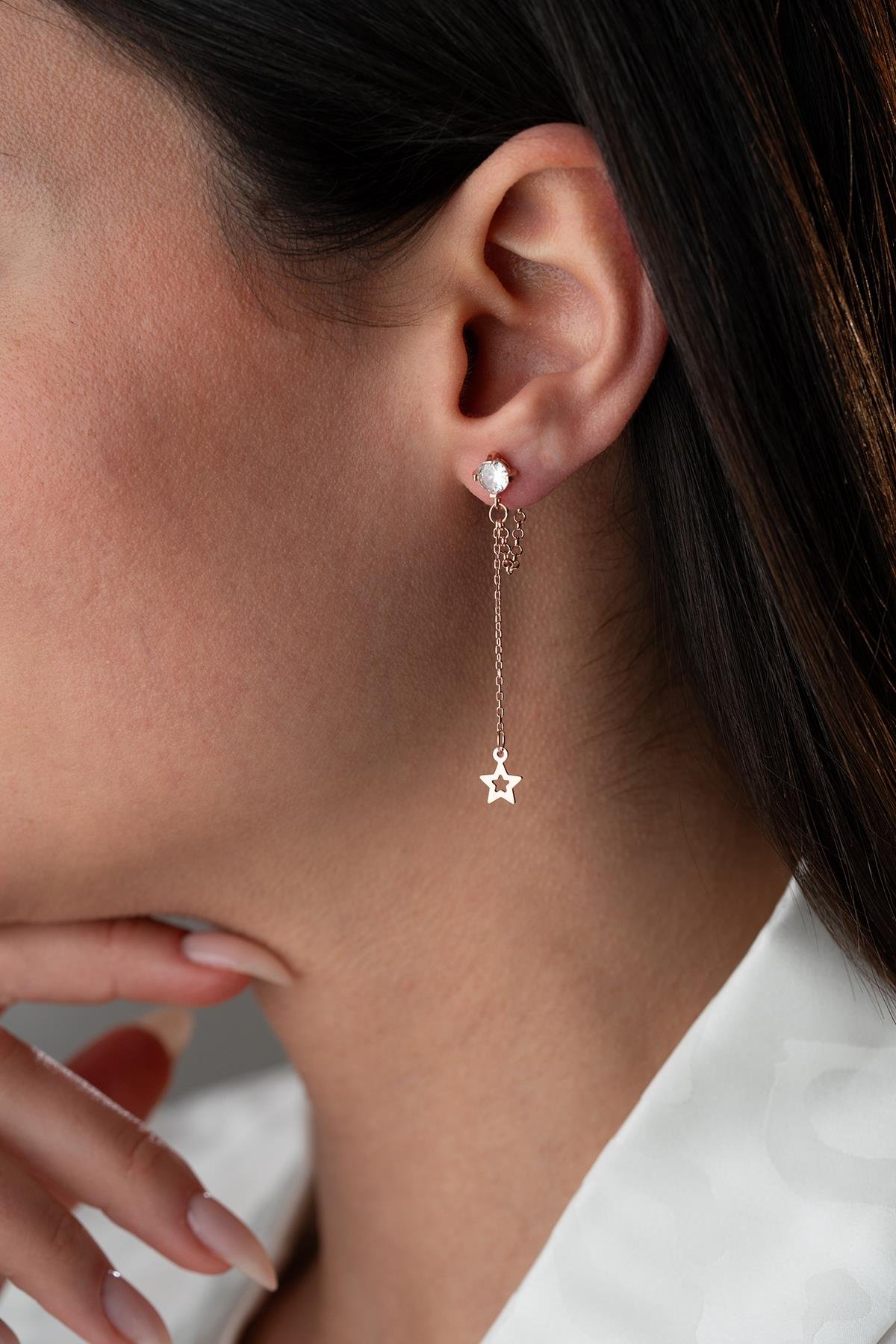 925 Ayar Gümüş Rose Kaplama 5 Mm Tektaş Sallantılı Zincir İçi Boş Yıldız Küpe