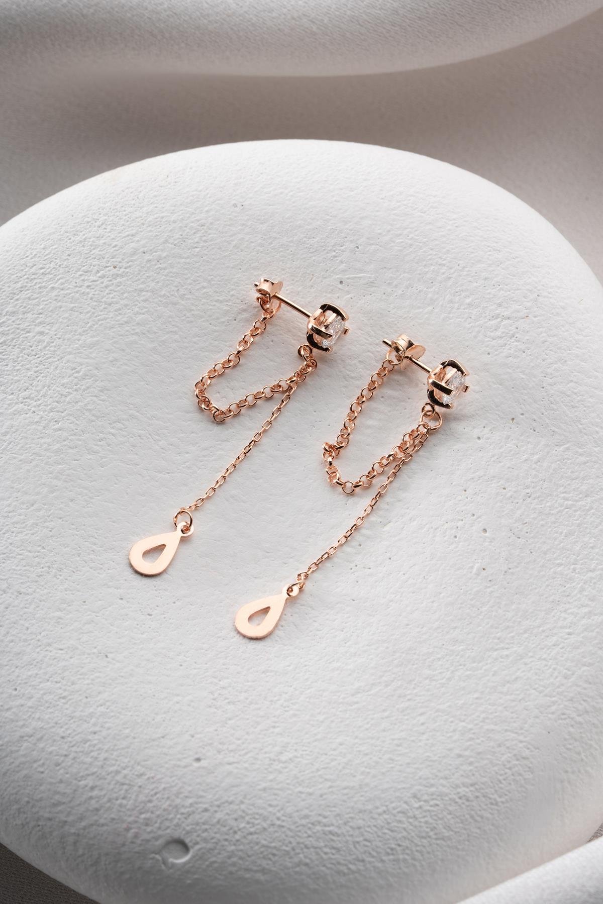 925 Ayar Gümüş Rose Kaplama 5 Mm Tektaş Sallantılı Zincir Su Damlası Model Küpe