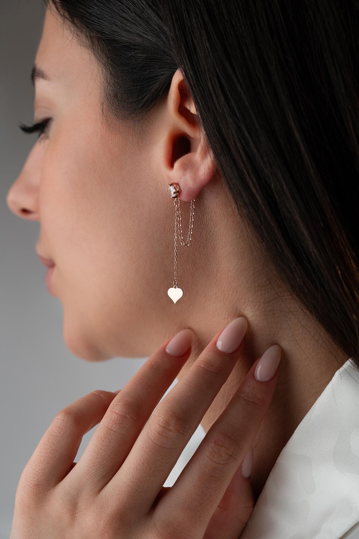 925 Ayar Gümüş Rose Kaplama 5 Mm Tektaş Sallantılı Zincir Sade Kalp Model Küpe