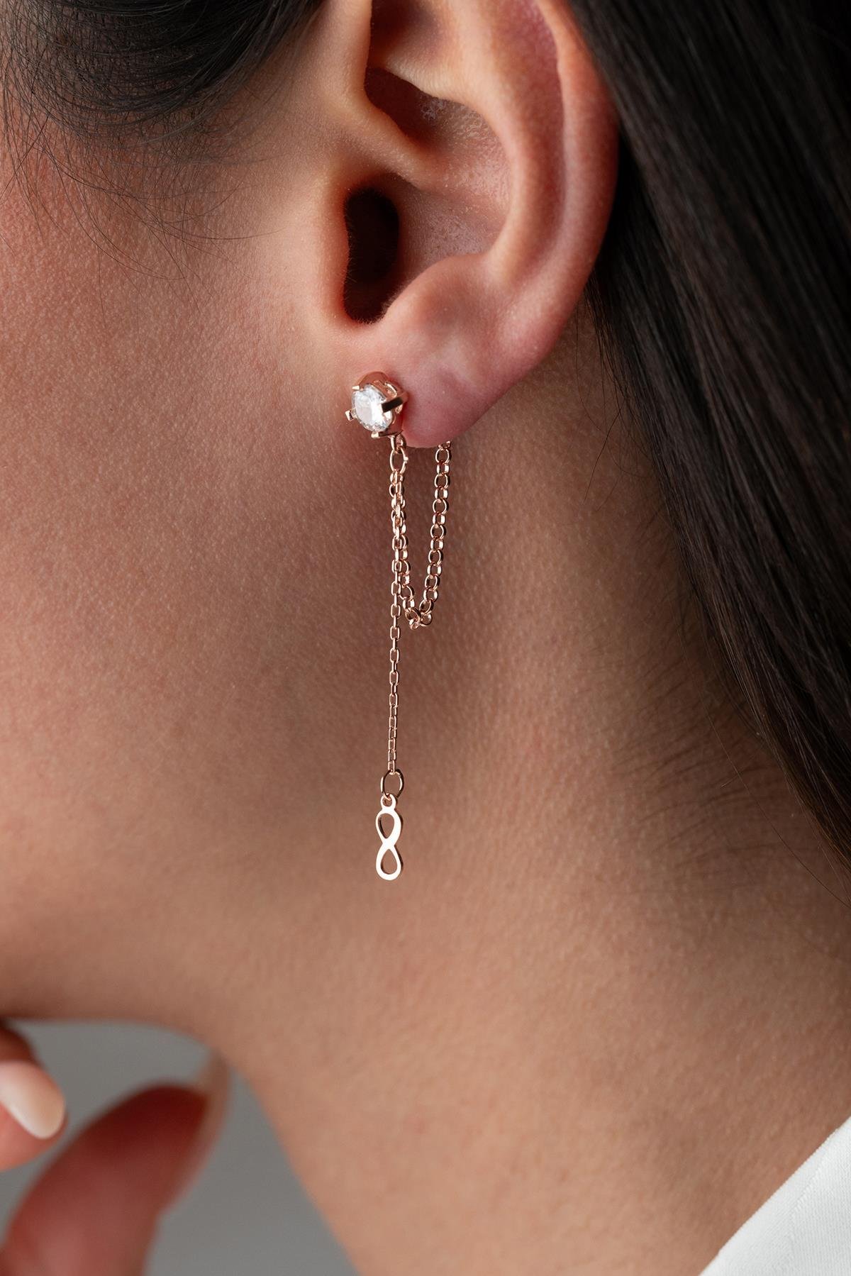 925 Ayar Gümüş Rose Kaplama 5 Mm Tektaş Sallantılı Zincir Sonsuzluk Model Küpe