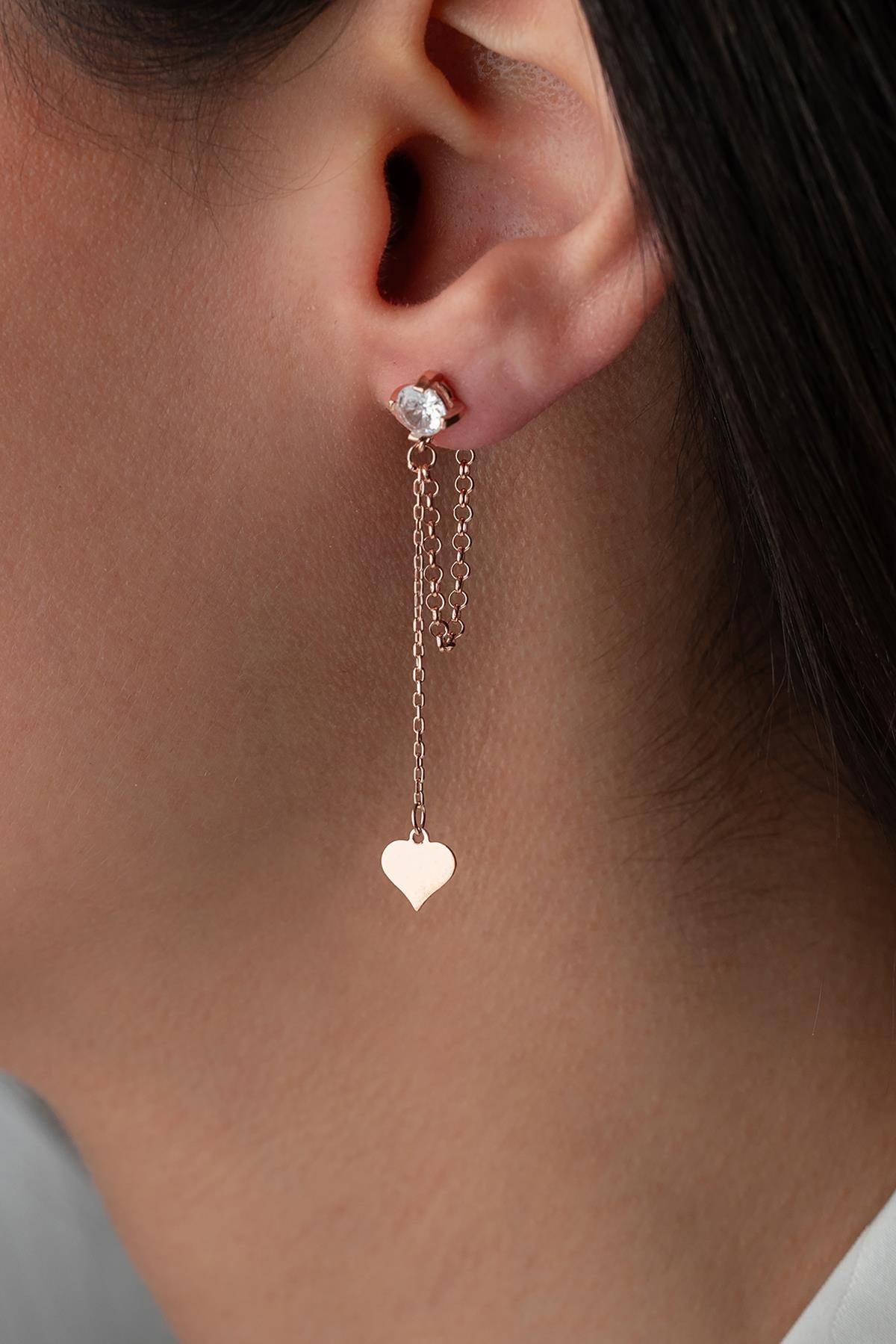 925 Ayar Gümüş Rose Kaplama 5 Mm Tektaş Sallantılı Zincir Sade Kalp Model Küpe