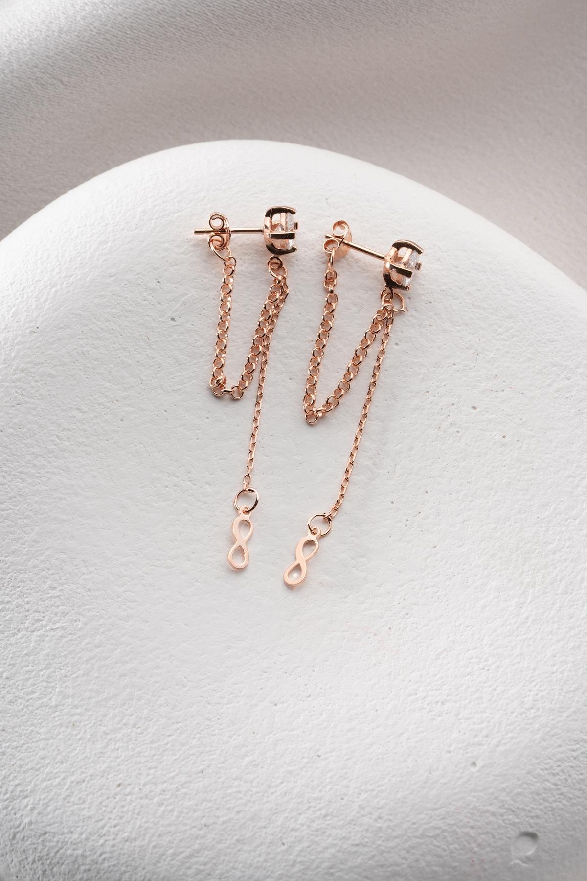 925 Ayar Gümüş Rose Kaplama 5 Mm Tektaş Sallantılı Zincir Sonsuzluk Model Küpe