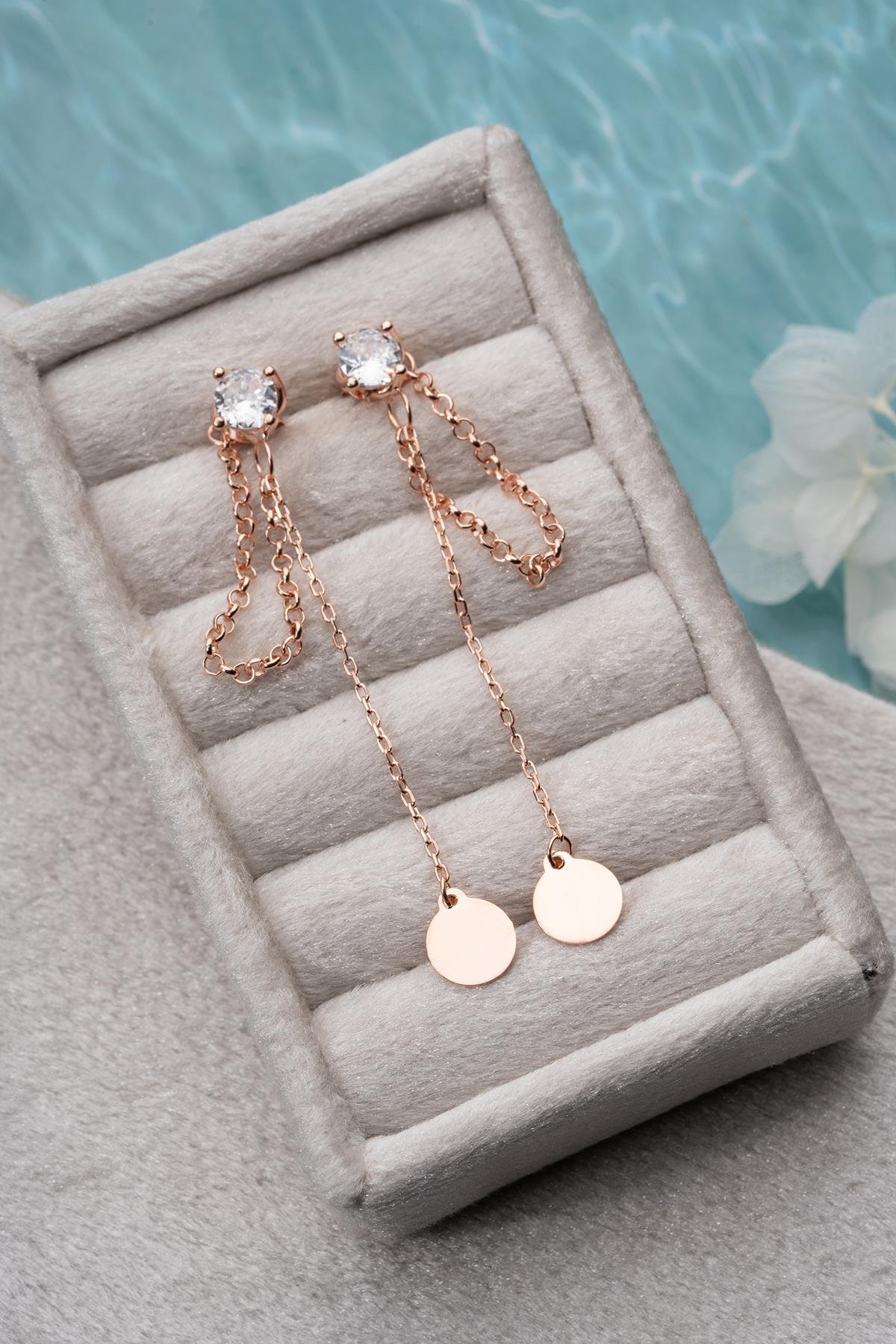 925 Ayar Gümüş Rose Kaplama 5 Mm Tektaş Sallantılı Zincir Sade Yuvarlak Model Küpe