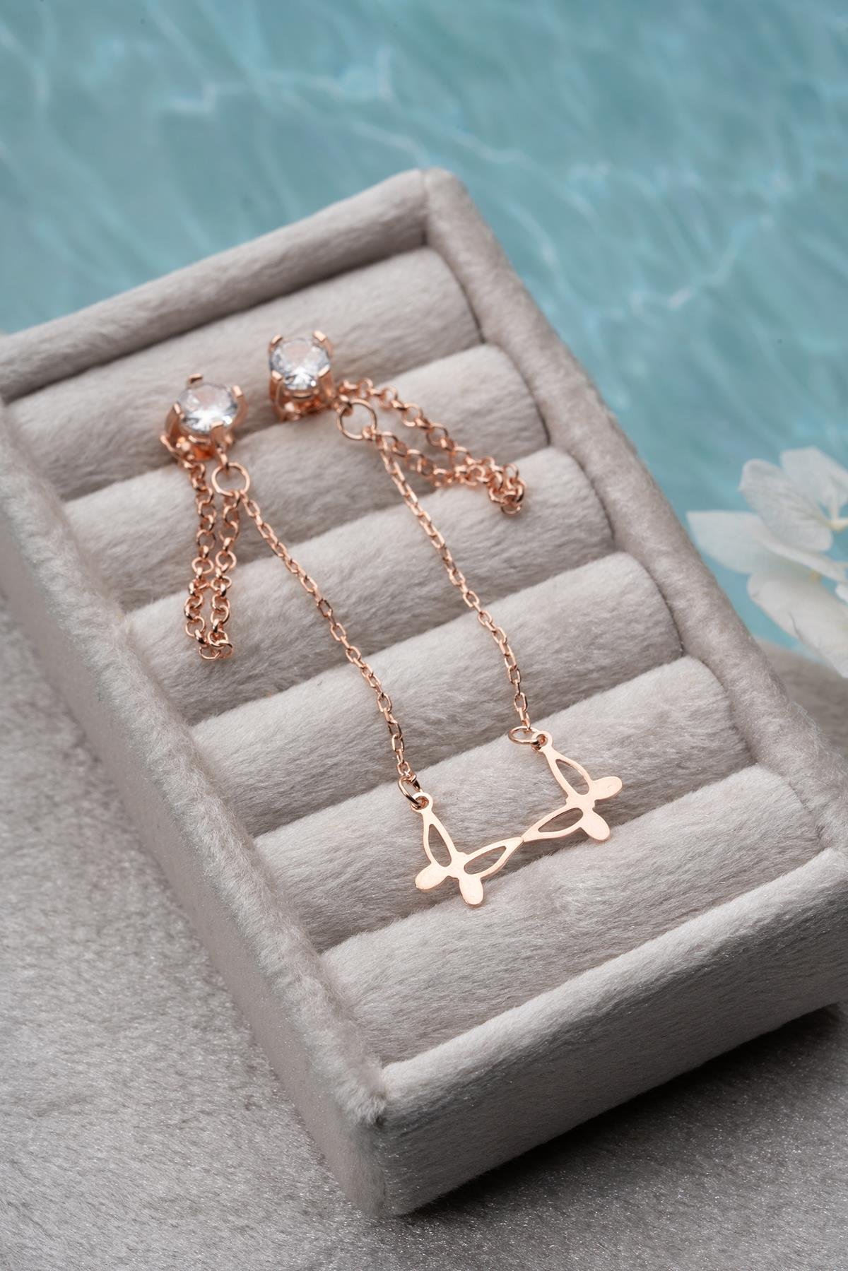 925 Ayar Gümüş Rose Kaplama 5 Mm Tektaş Sallantılı Zincir Sade Kelebek Küpe