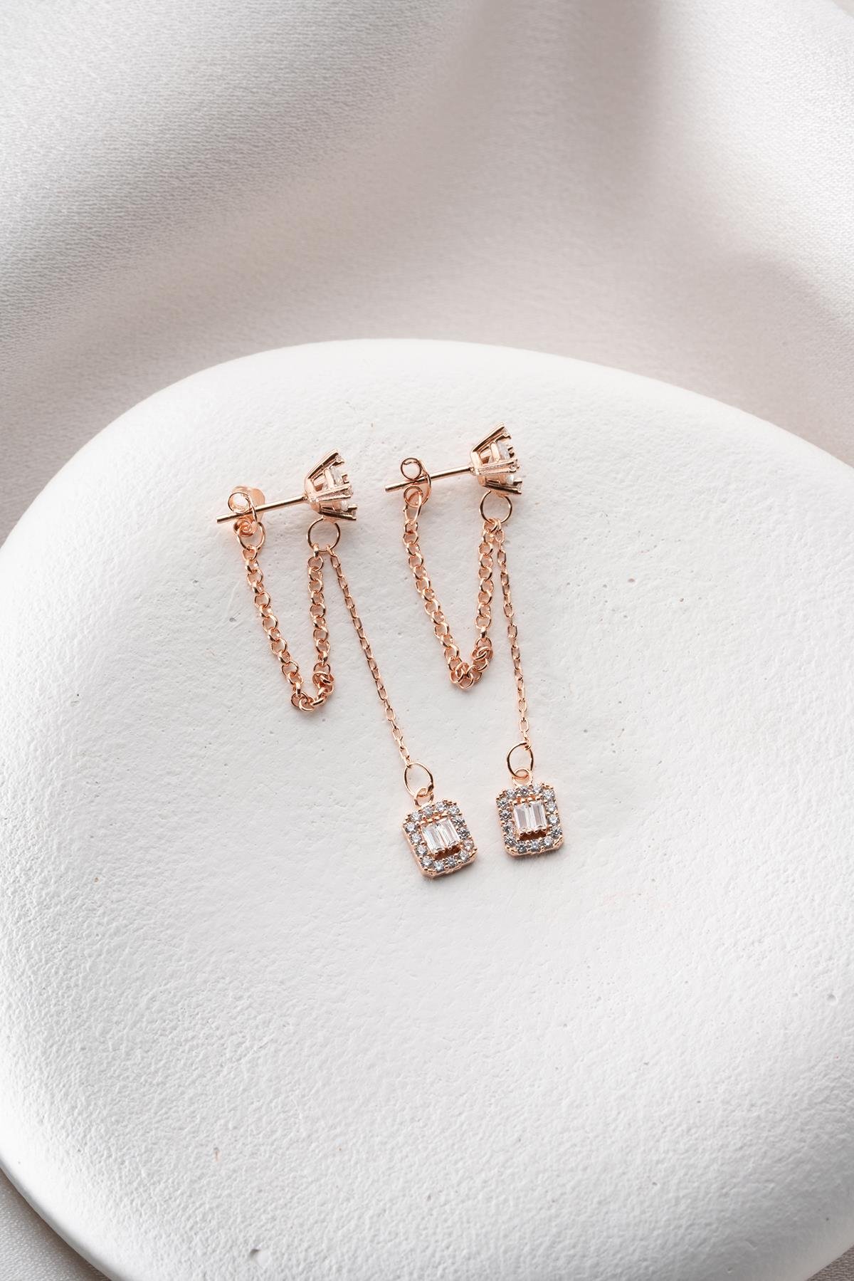 925 Ayar Gümüş Rose Kaplama 5 Mm Tektaş Sallantılı Zincir Baget Taşlı Tektaş Küpe