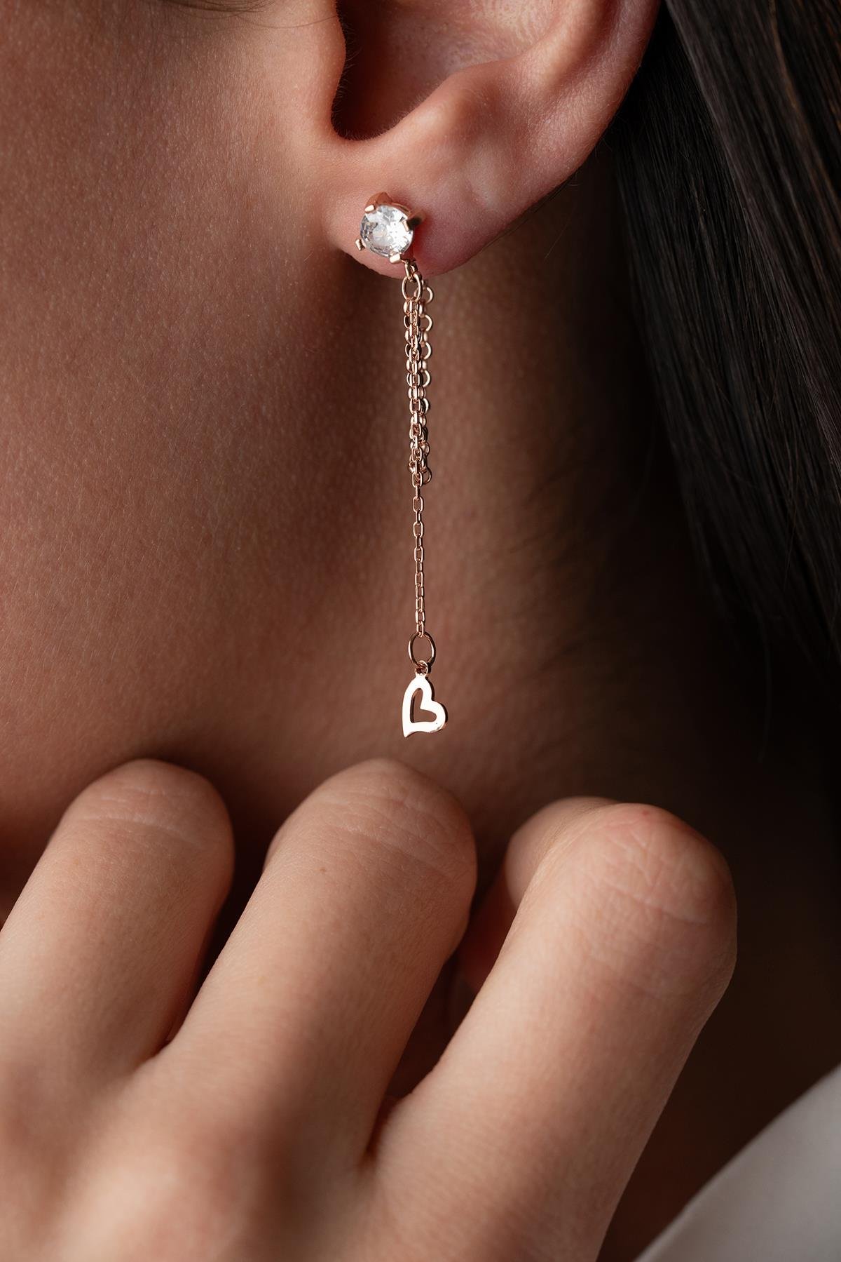 925 Ayar Gümüş Rose Kaplama 5 Mm Tektaş Sallantılı Zincir Zirkon Sade Taşsız Kalp Küpe