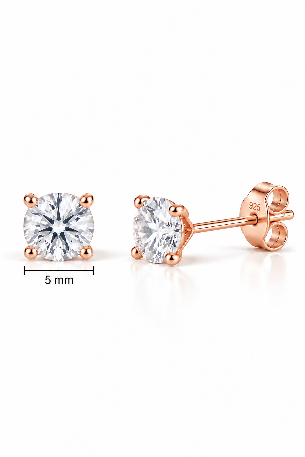 925 Ayar Gümüş Rose Kaplama 5 mm Yuvarlak Star Kesim Minimal Tektaş Küpe