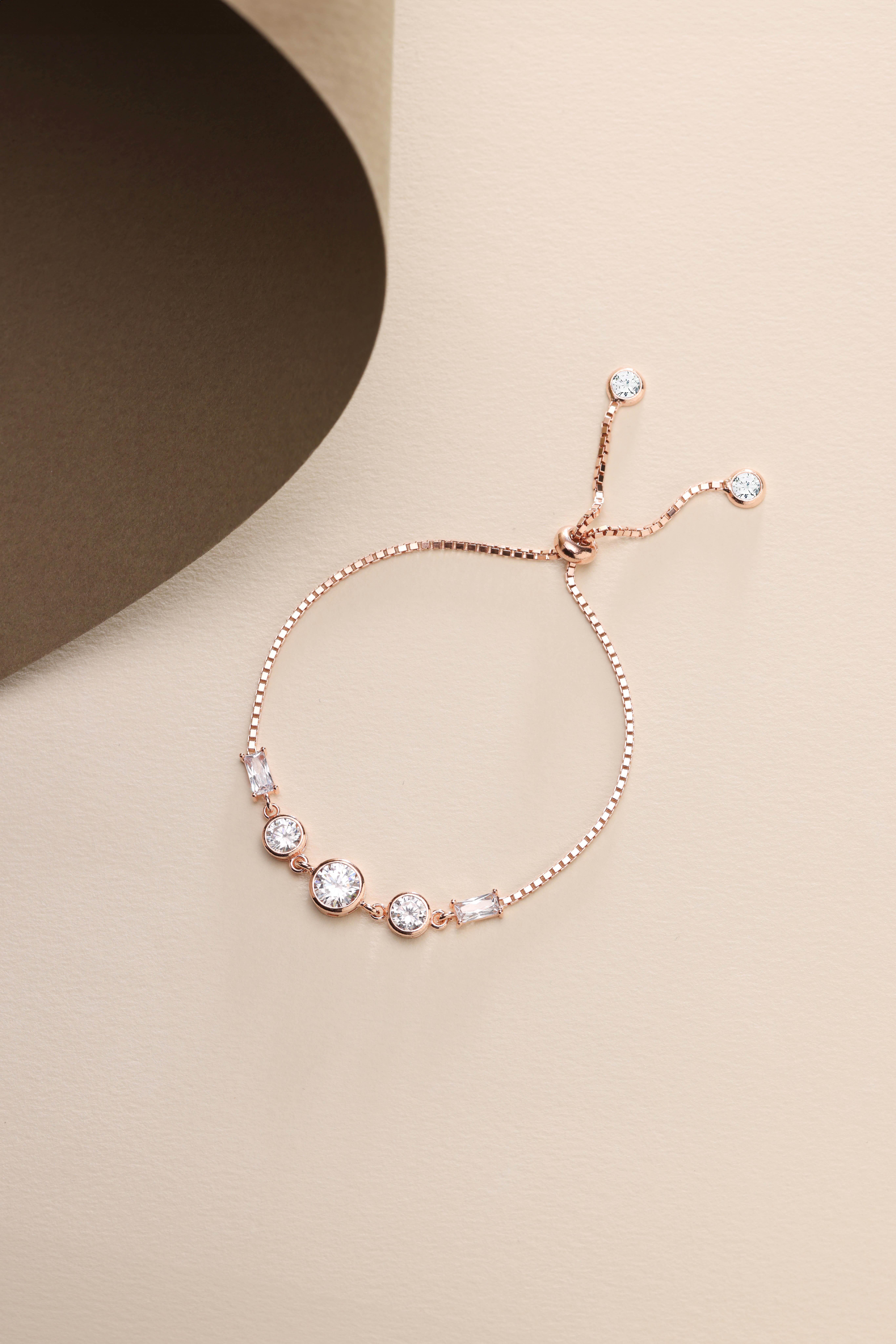 925 Ayar Gümüş Rose Kaplama Ayarlanabilir Asansörlü Üçtaş Model Bileklik 