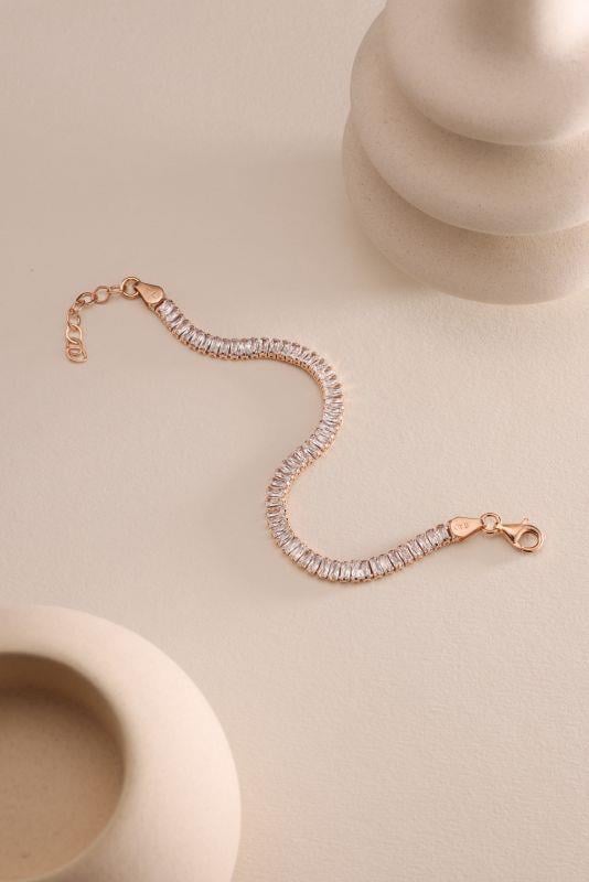 925 Ayar Gümüş Rose Kaplama Baget Taşlı Suyolu Model Bileklik 