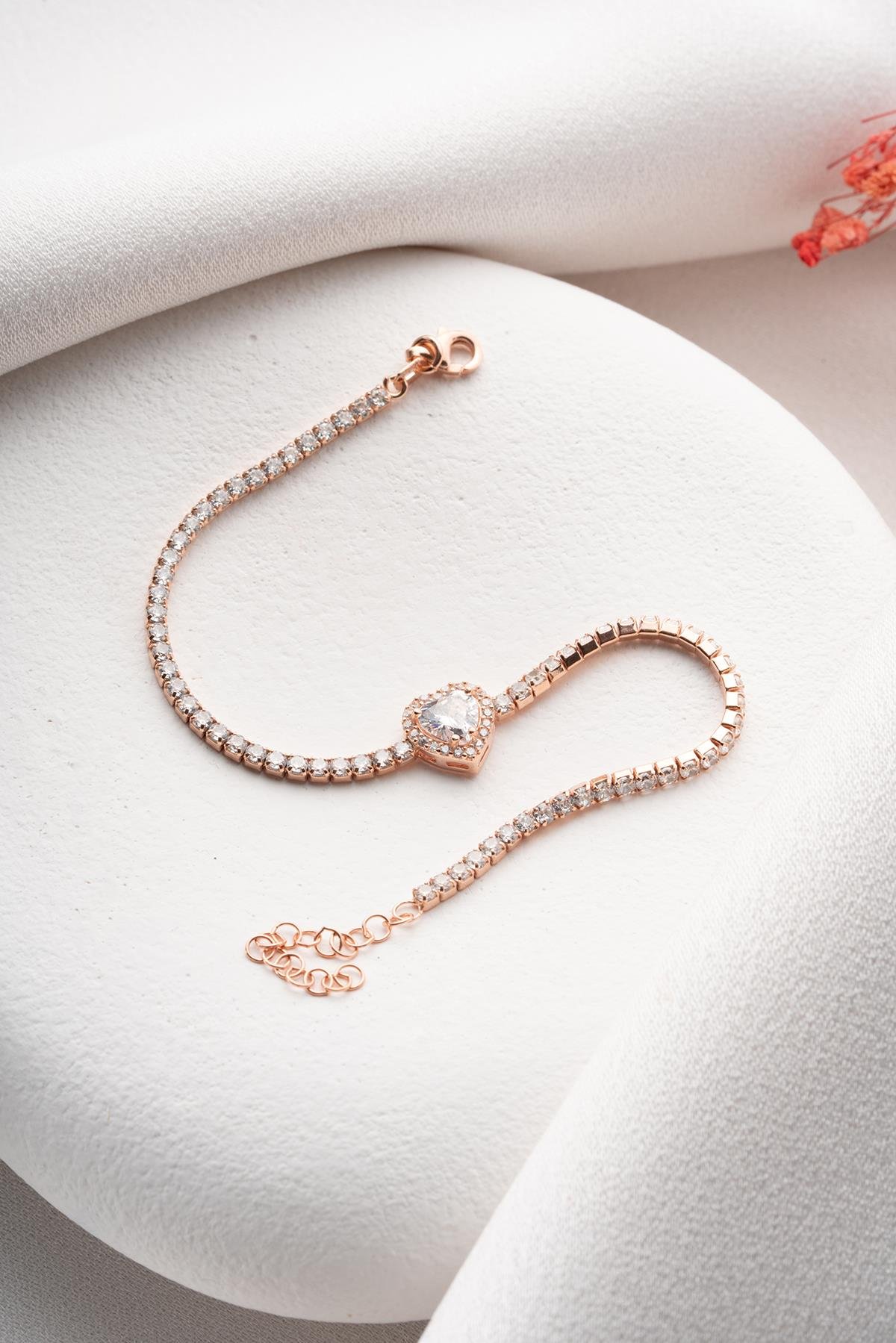 925 Ayar Gümüş Rose Kaplama Beyaz Taşlı Kalp 2 mm Zirkon Taşlı Suyolu Bileklik 