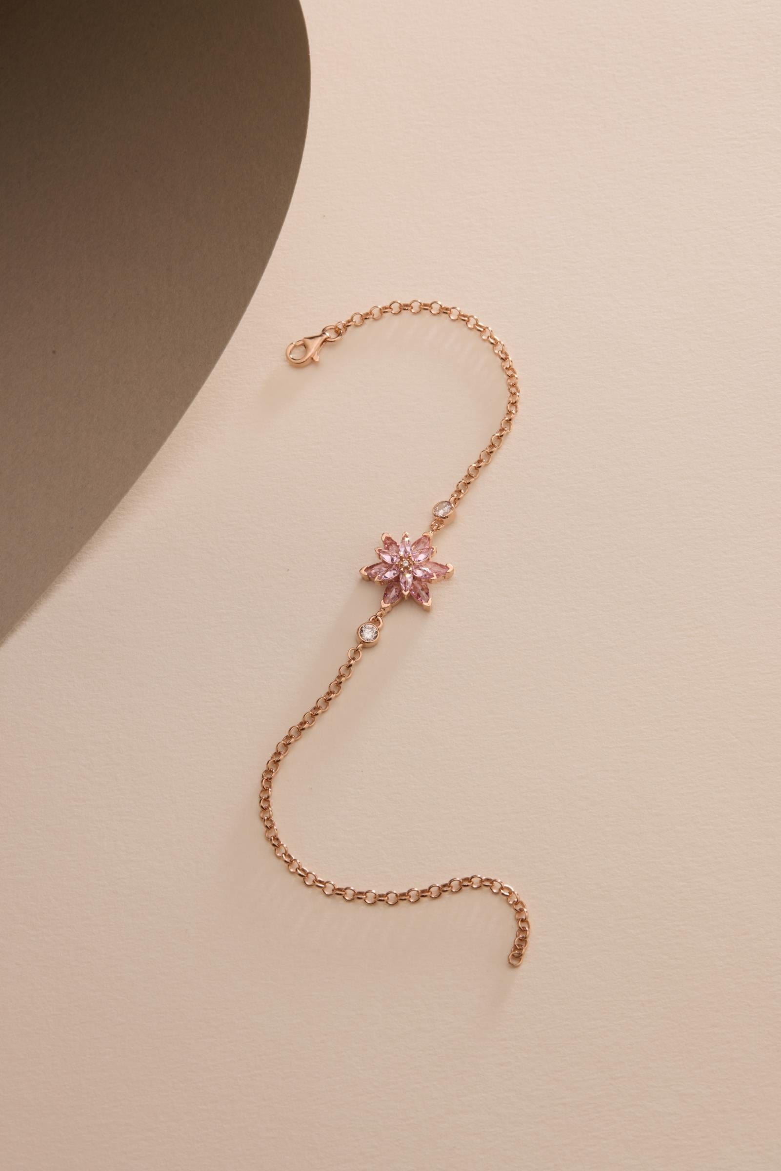 925 Ayar Gümüş Rose Kaplama Doç Zincirli Pembe Taşlı Lotus Çiçeği Bileklik