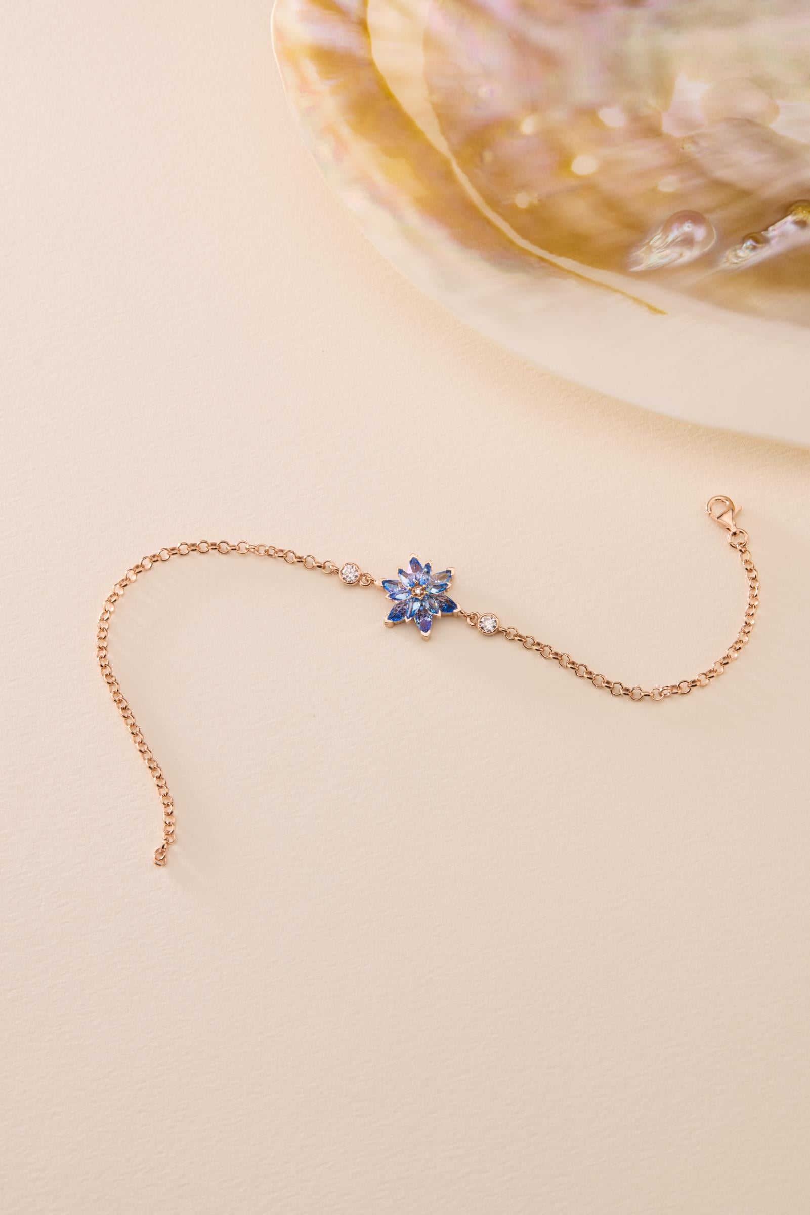 925 Ayar Gümüş Rose Kaplama Doç Zincirli Aquamarin Taşlı Lotus Çiçeği Bileklik