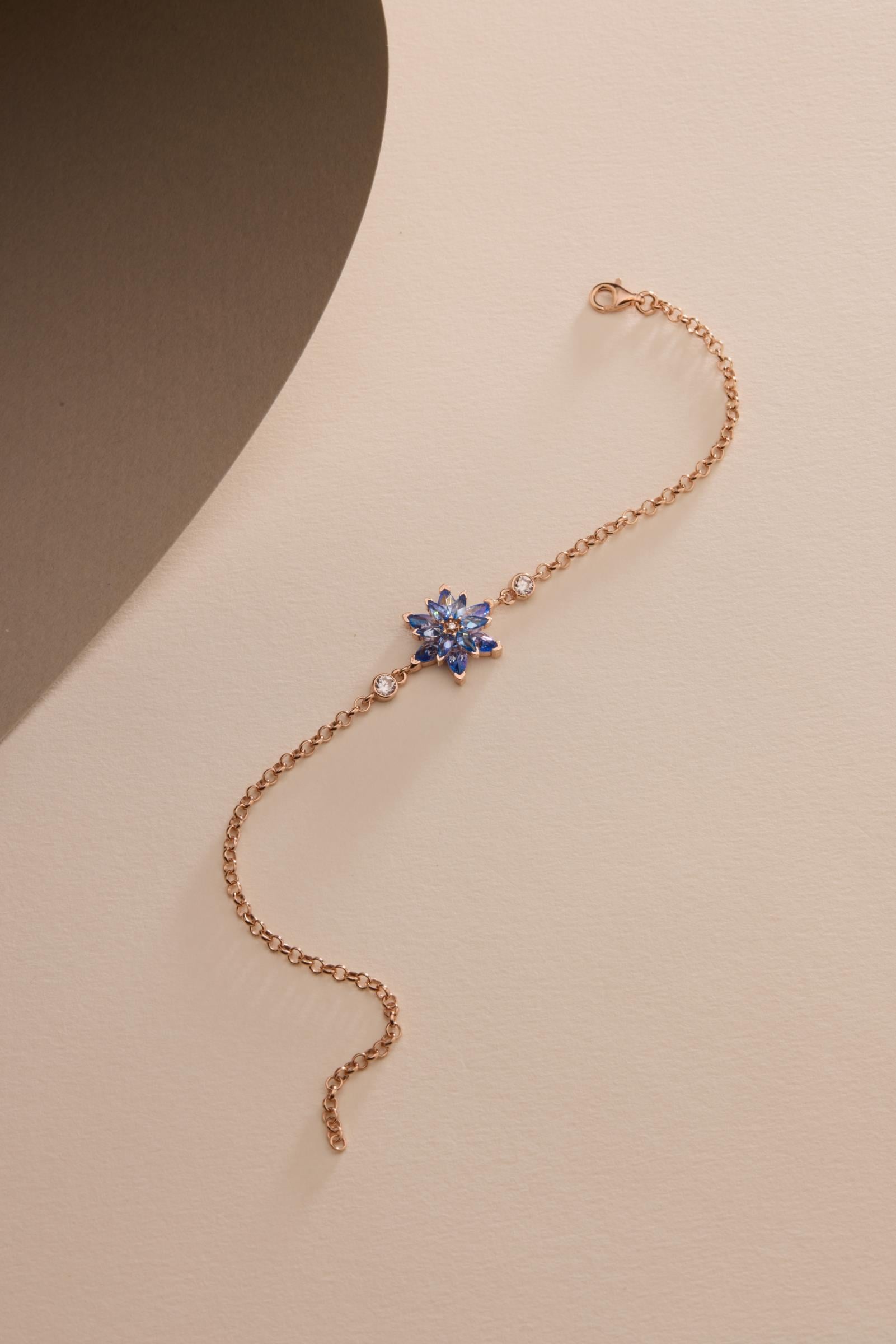925 Ayar Gümüş Rose Kaplama Doç Zincirli Aquamarin Taşlı Lotus Çiçeği Bileklik
