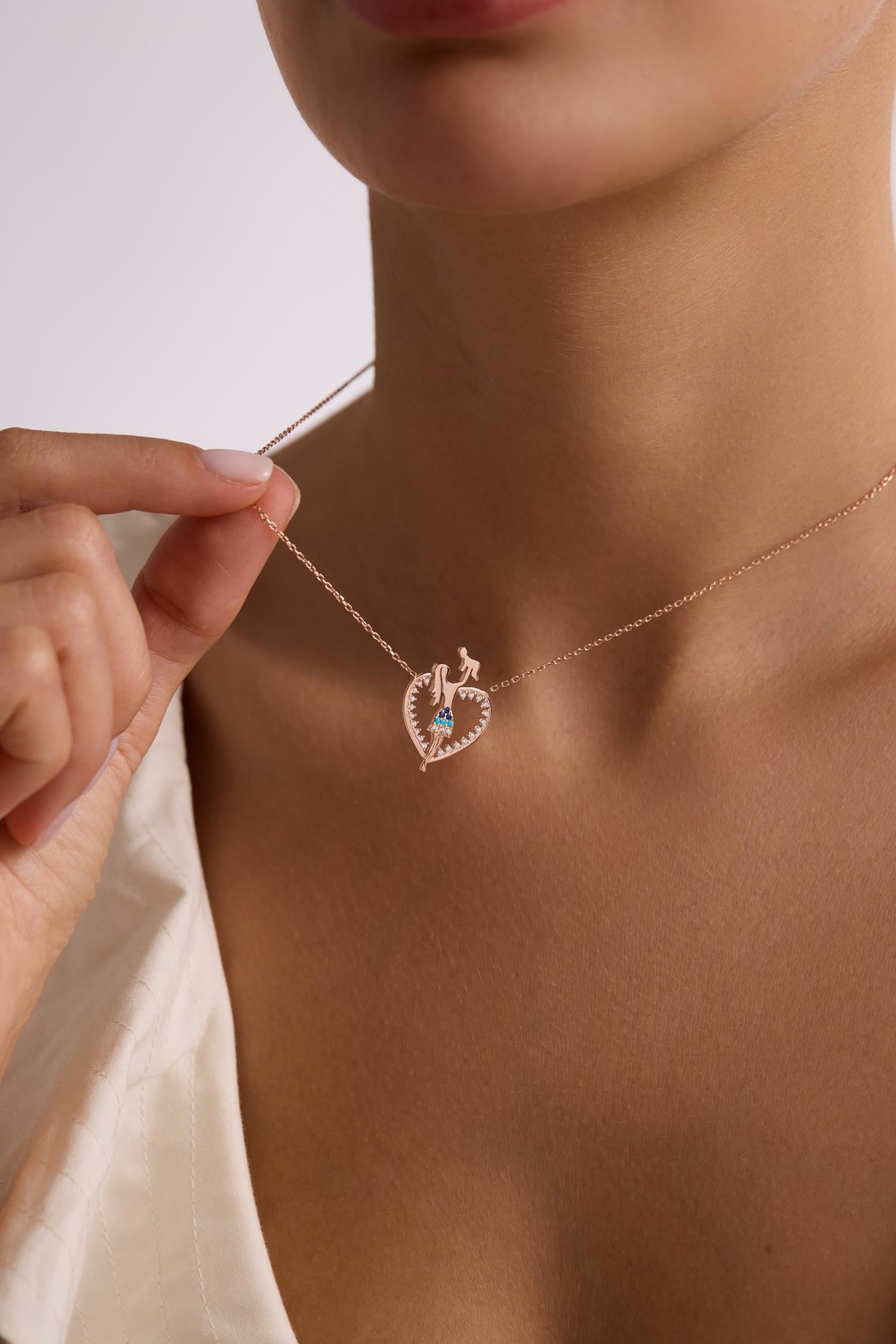 925 Ayar Gümüş Rose Kaplama Kalp Model Anne Bebek Kolye