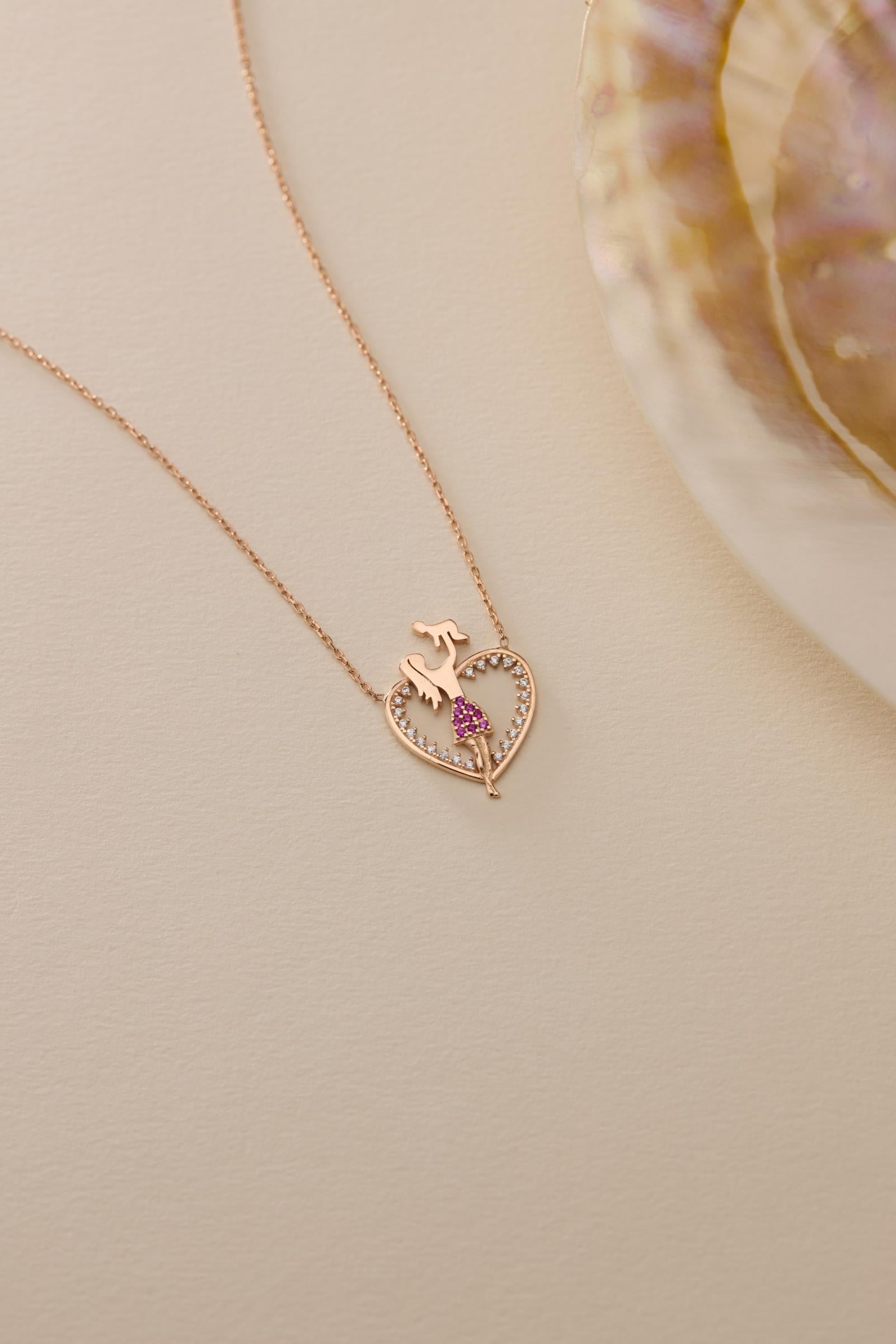 925 Ayar Gümüş Rose Kaplama Kalp Model Pembe Taşlı Anne Bebek Kolye