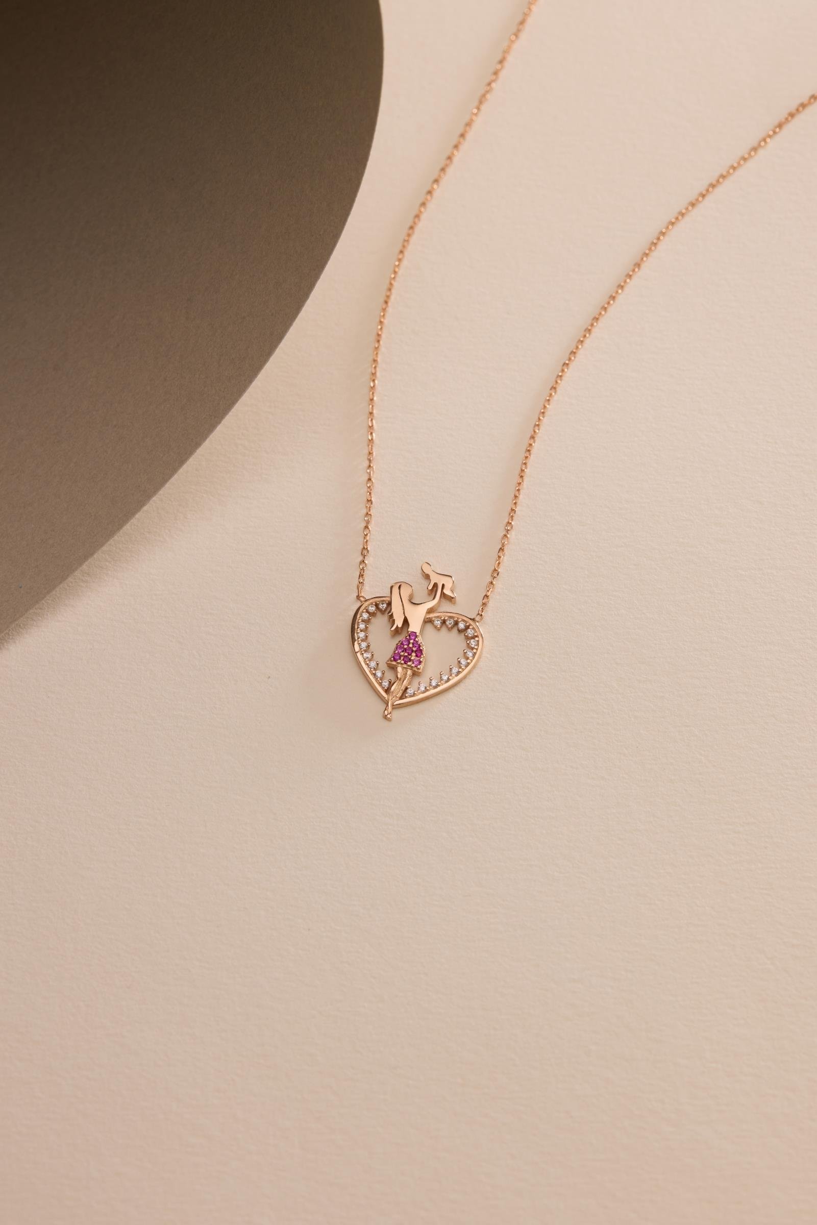 925 Ayar Gümüş Rose Kaplama Kalp Model Pembe Taşlı Anne Bebek Kolye