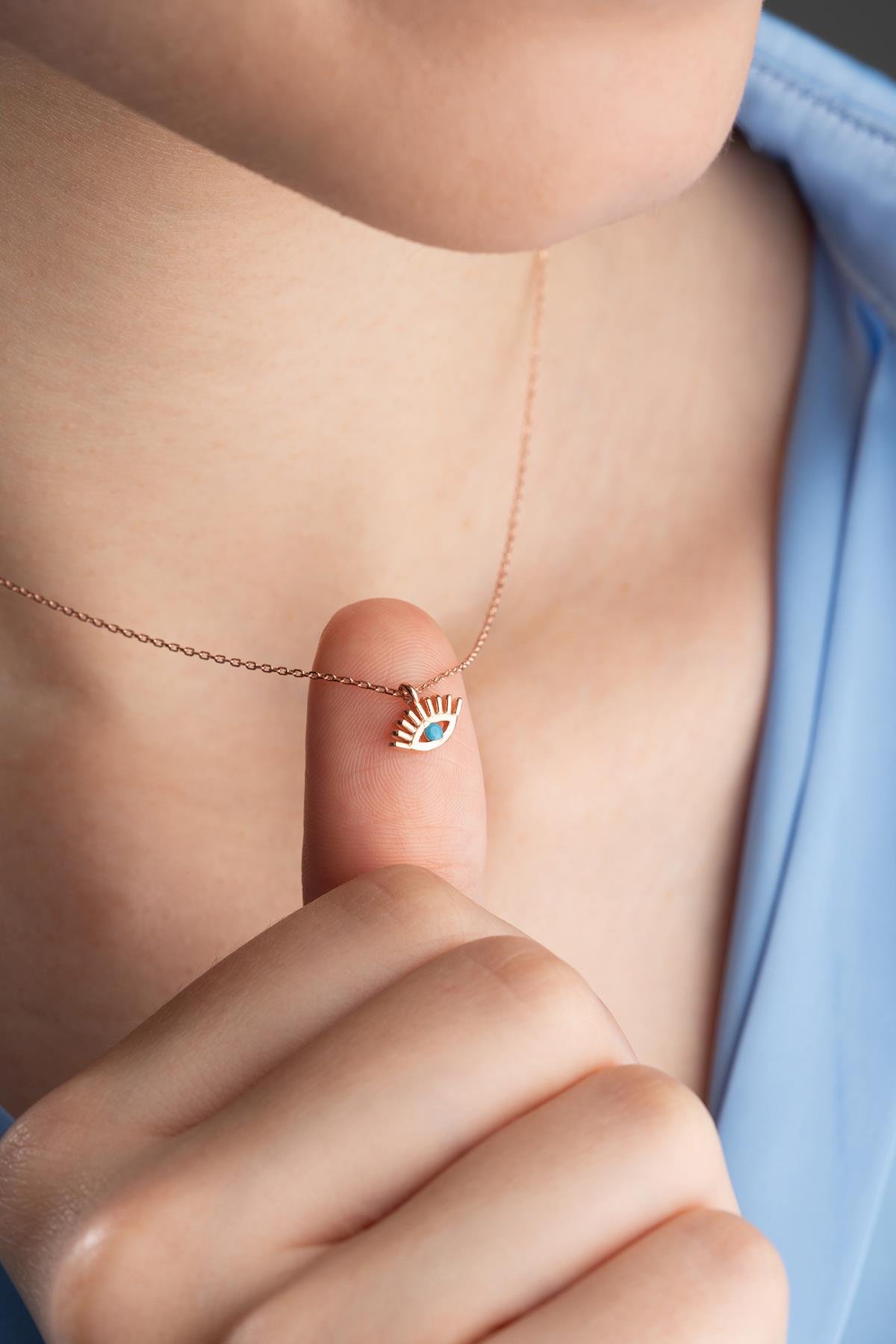 925 Ayar Gümüş Rose Kaplama Minimal Göz Kolye