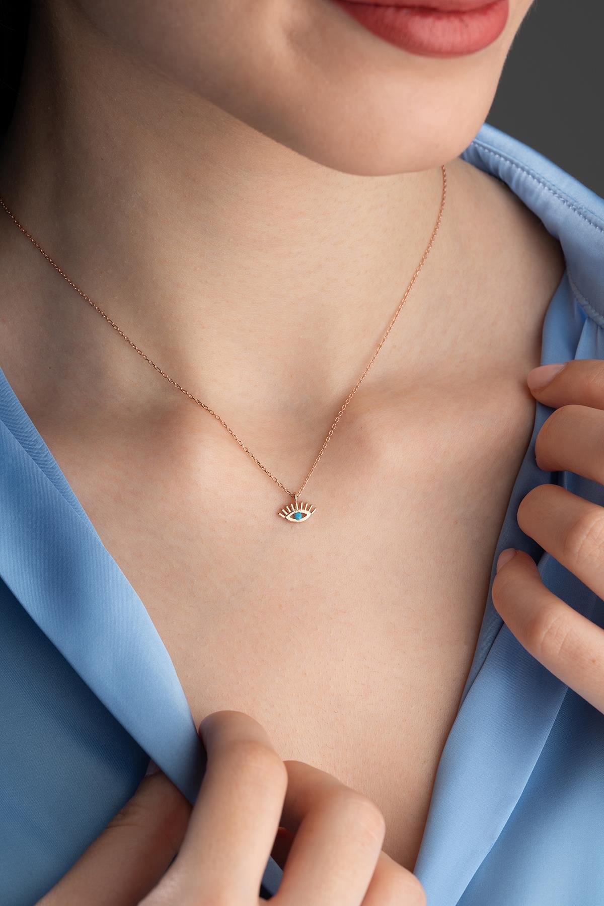 925 Ayar Gümüş Rose Kaplama Minimal Göz Kolye