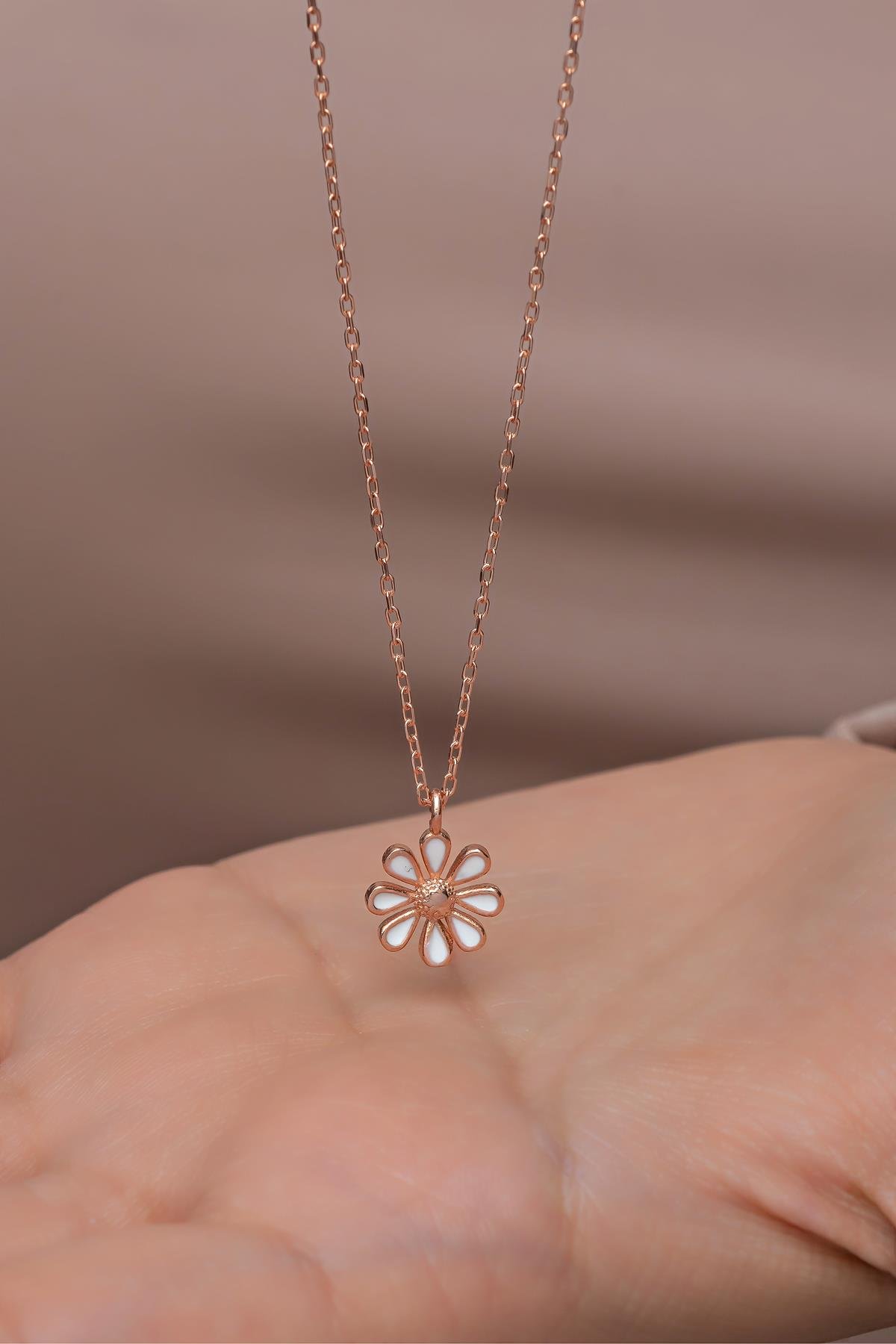 925 Ayar Gümüş Rose Kaplama Minimal Mineli Papatya Kolye