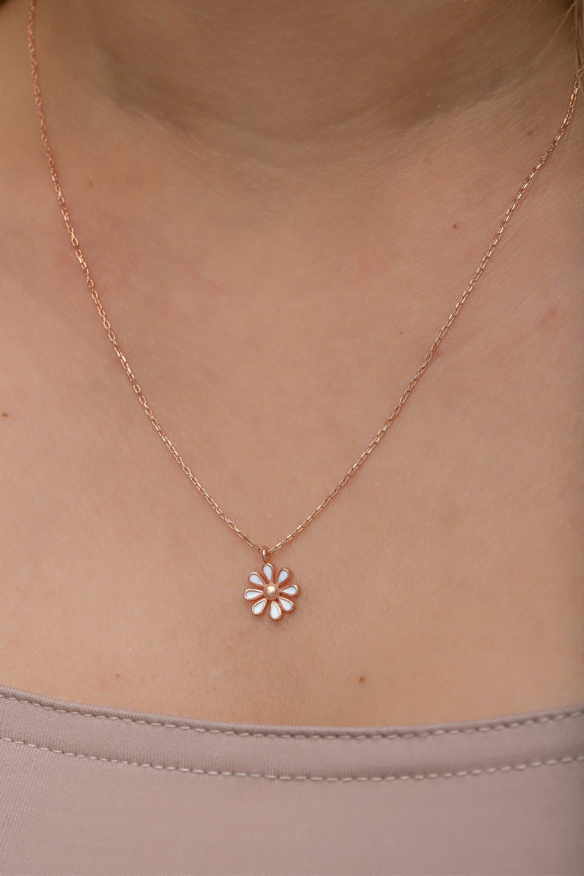 925 Ayar Gümüş Rose Kaplama Minimal Mineli Papatya Kolye