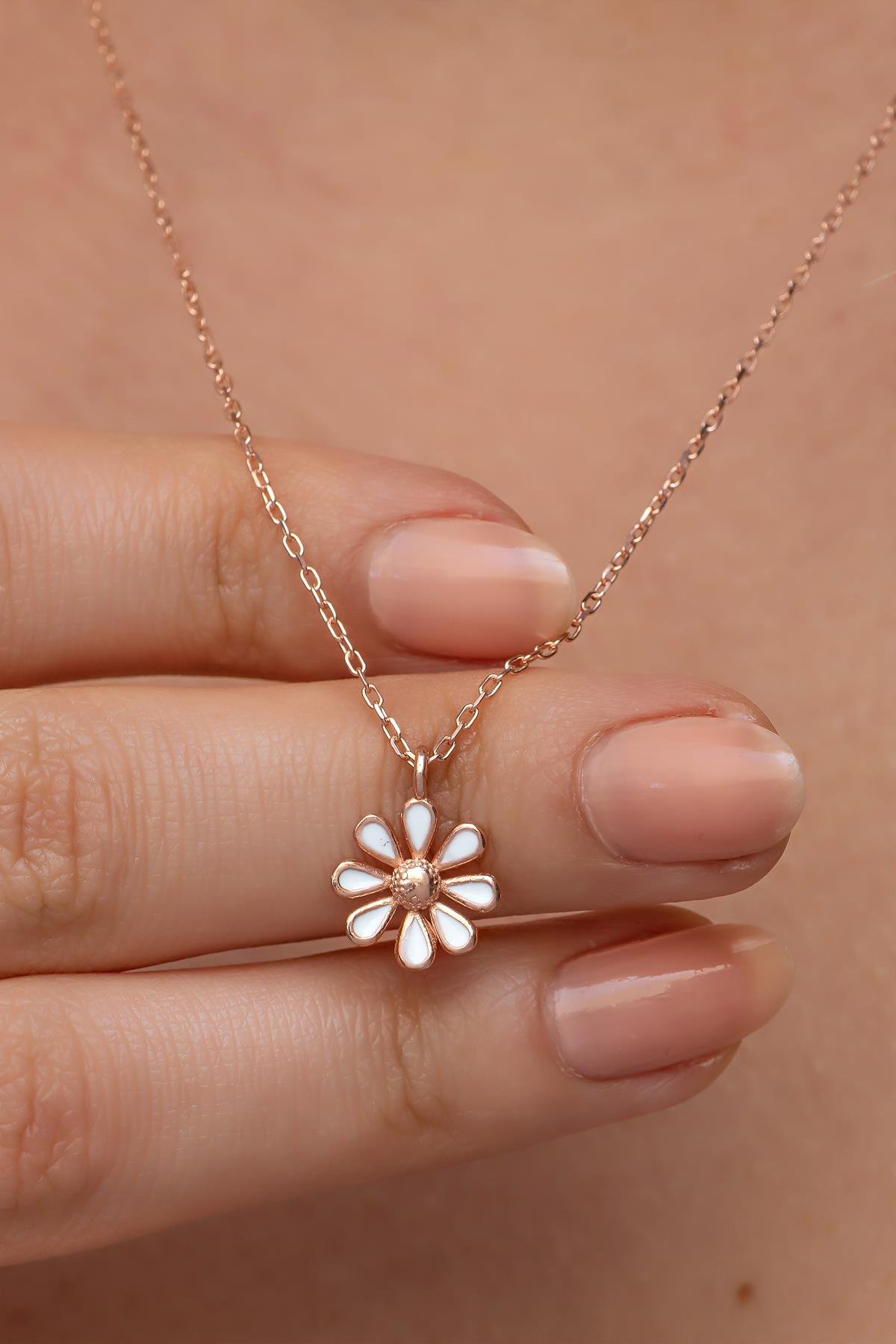 925 Ayar Gümüş Rose Kaplama Minimal Mineli Papatya Kolye