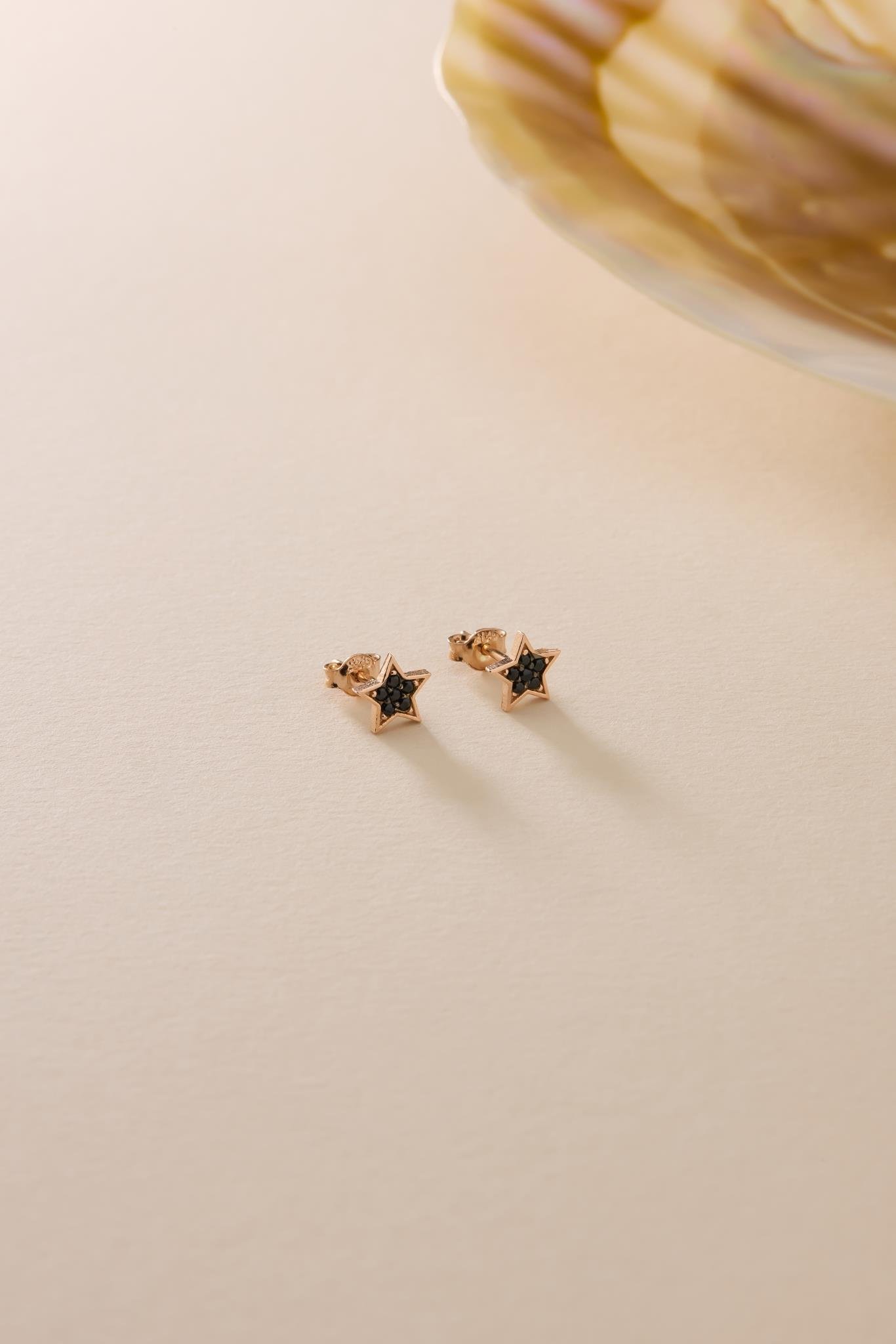 925 Ayar Gümüş Rose Kaplama Minimal Siyah Yıldız Küpe