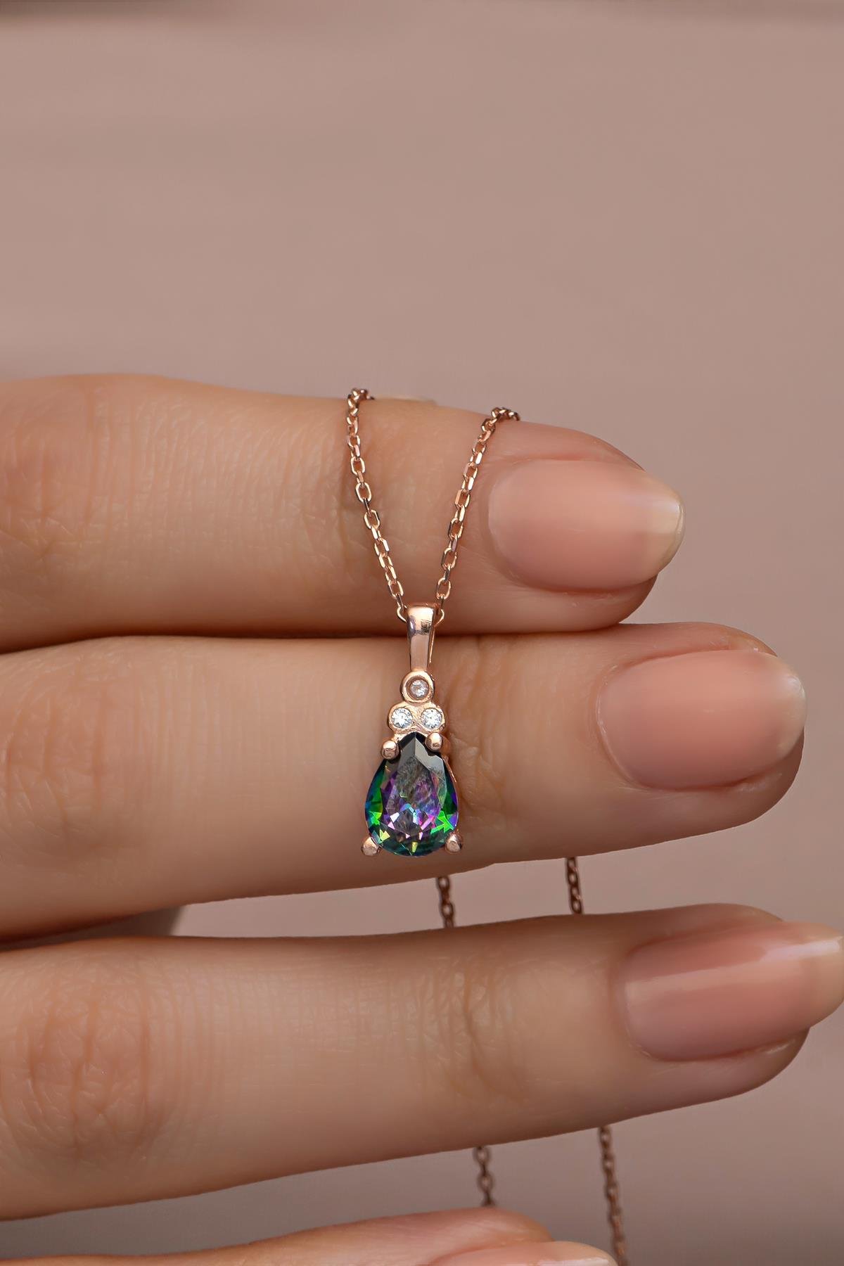 925 Ayar Gümüş Rose Kaplama Mistik Topaz Taşlı Damla Model  Kolye