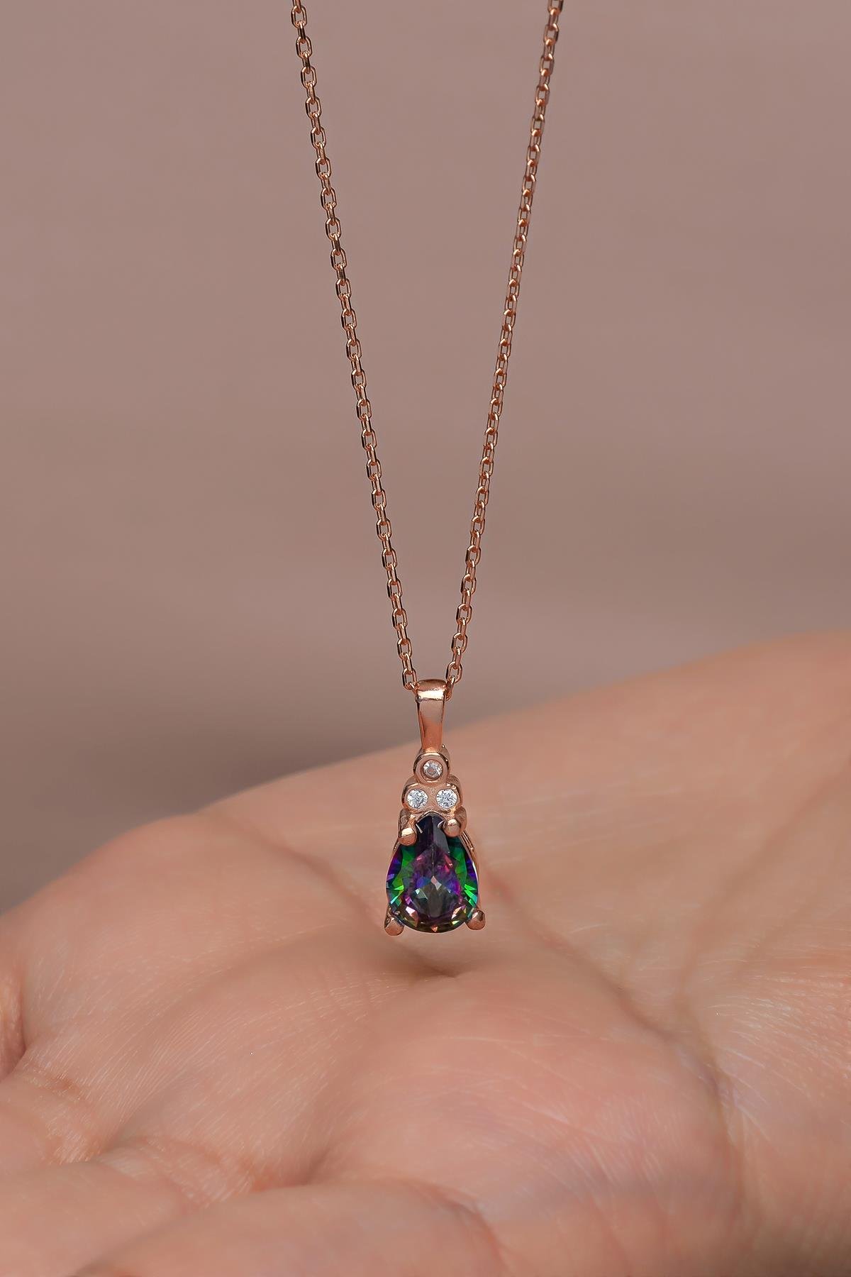 925 Ayar Gümüş Rose Kaplama Mistik Topaz Taşlı Damla Model  Kolye