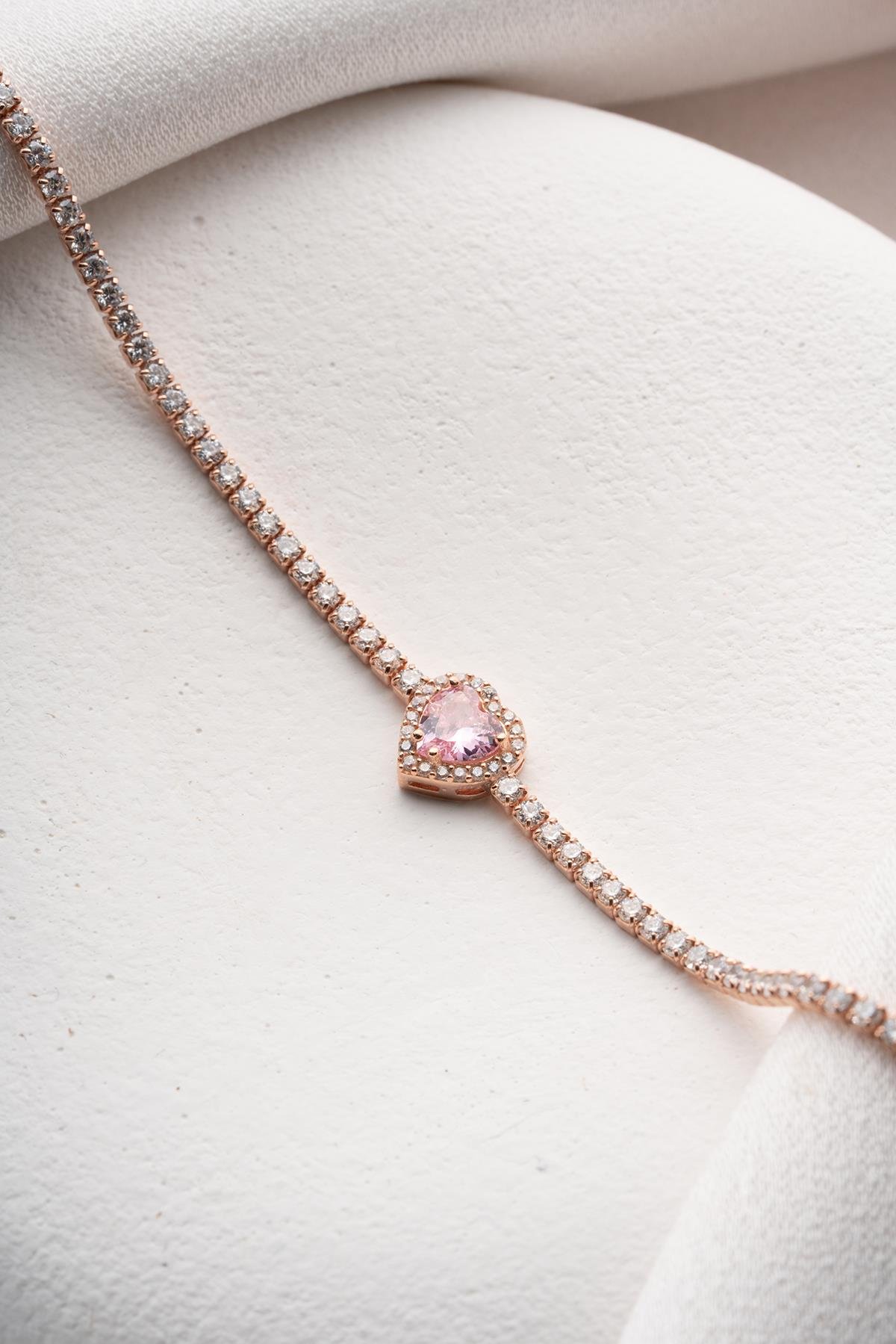 925 Ayar Gümüş Rose Kaplama Pembe Taşlı Kalp 2 mm Zirkon Taşlı Suyolu Bileklik 