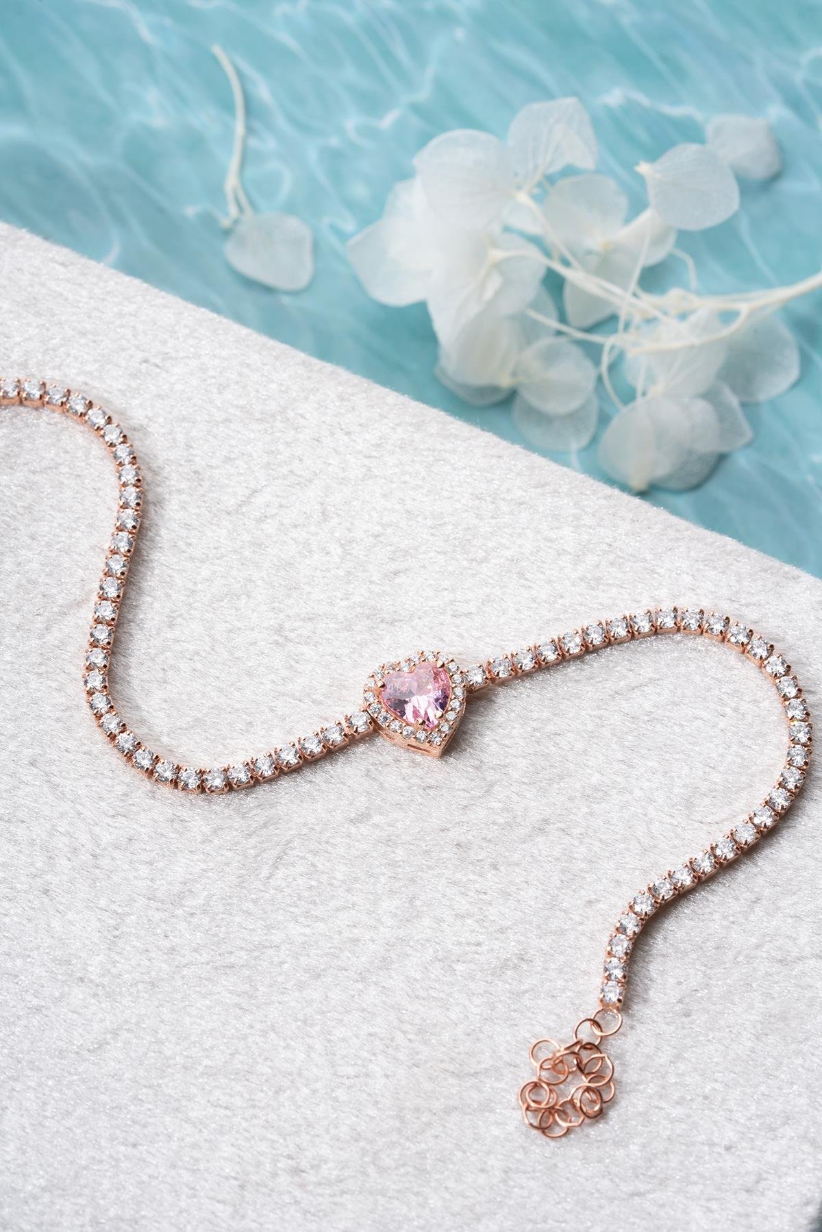 925 Ayar Gümüş Rose Kaplama Pembe Taşlı Kalp 2 mm Zirkon Taşlı Suyolu Bileklik 