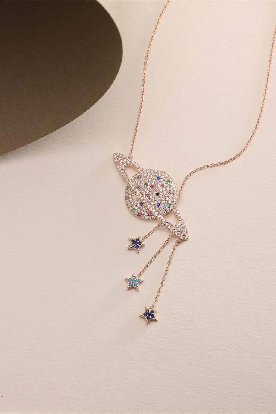 925 Ayar Gümüş Rose Kaplama Sallantı Yıldızlı Gezegen Kolye